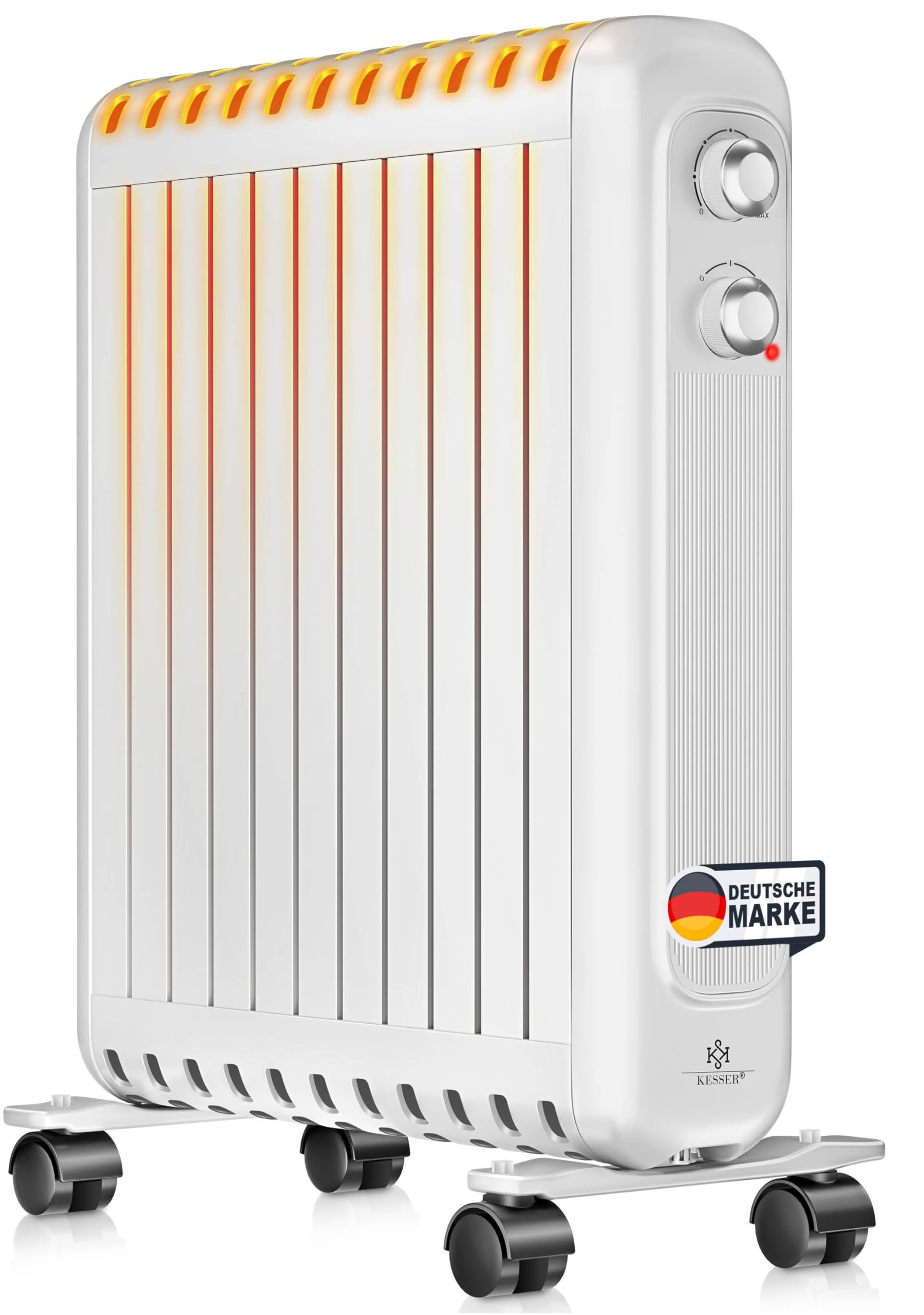 KESSER® Radiador de aceite de bajo consumo 2500W | Termostato, ventilador de calentamiento rápido | Calefacción eléctrica rellena de aceite + 3 niveles de calor, carcasa de protección, ruedas 360° |
