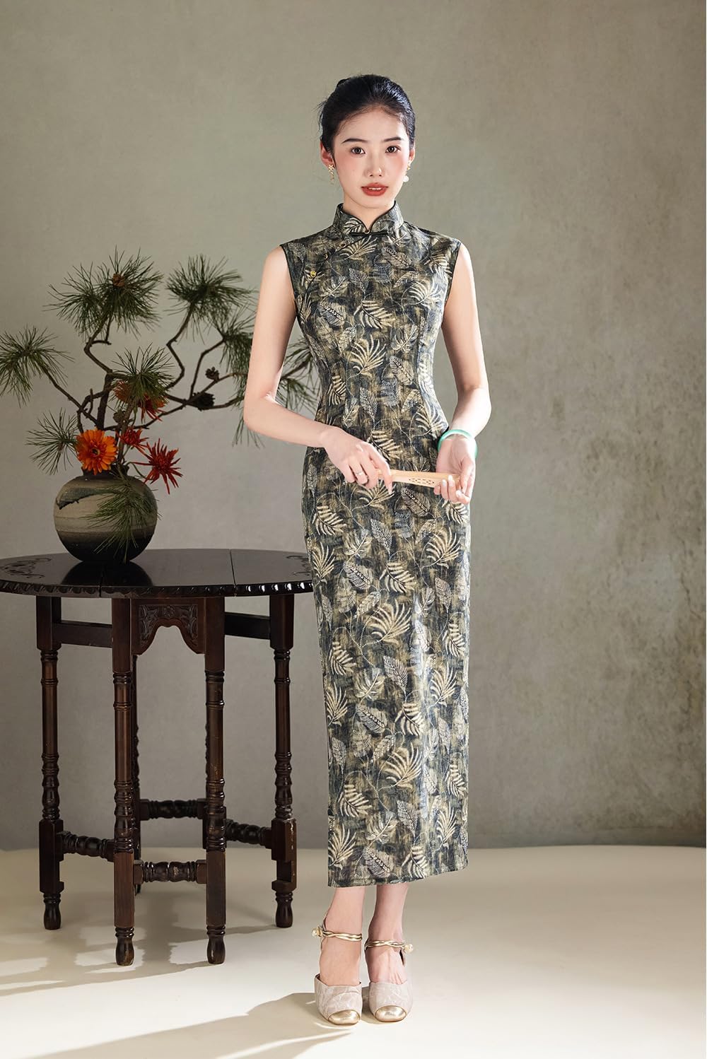 HEARTTOUCH Women Vintage Cheongsam Sleeveless Qipao Dress Slim Fit Midi Party Cocktail Dresses for Event Dinners