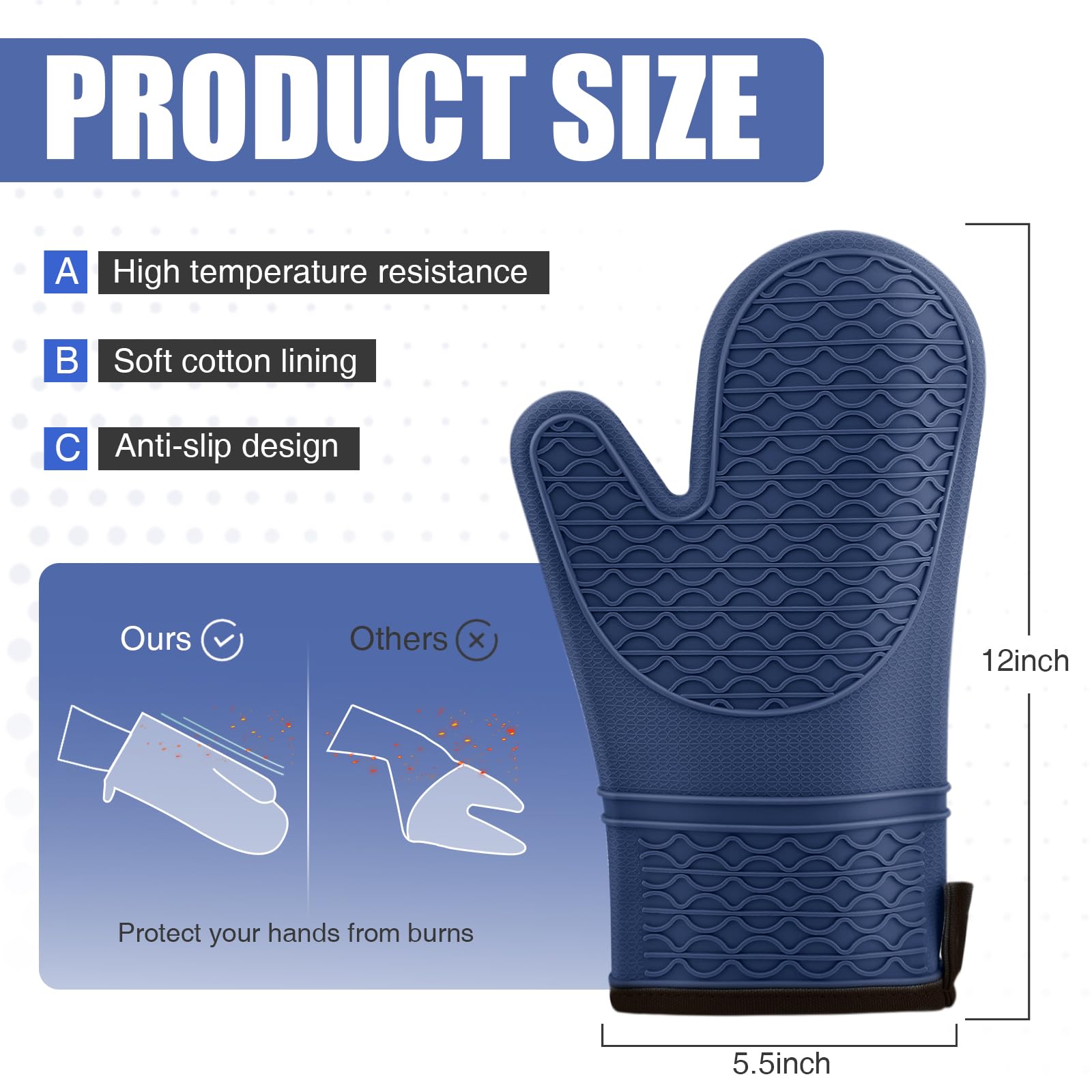 Silikon-Ofenhandschuhe, hitzebeständig, 2 Stück, Ofenhandschuhe mit weichem Baumwollfutter, wasserdicht, rutschfester Griff, Topflappen, Handschuhe für Grillen, Backen, Kochen, 32,5 cm, Dunkelblau