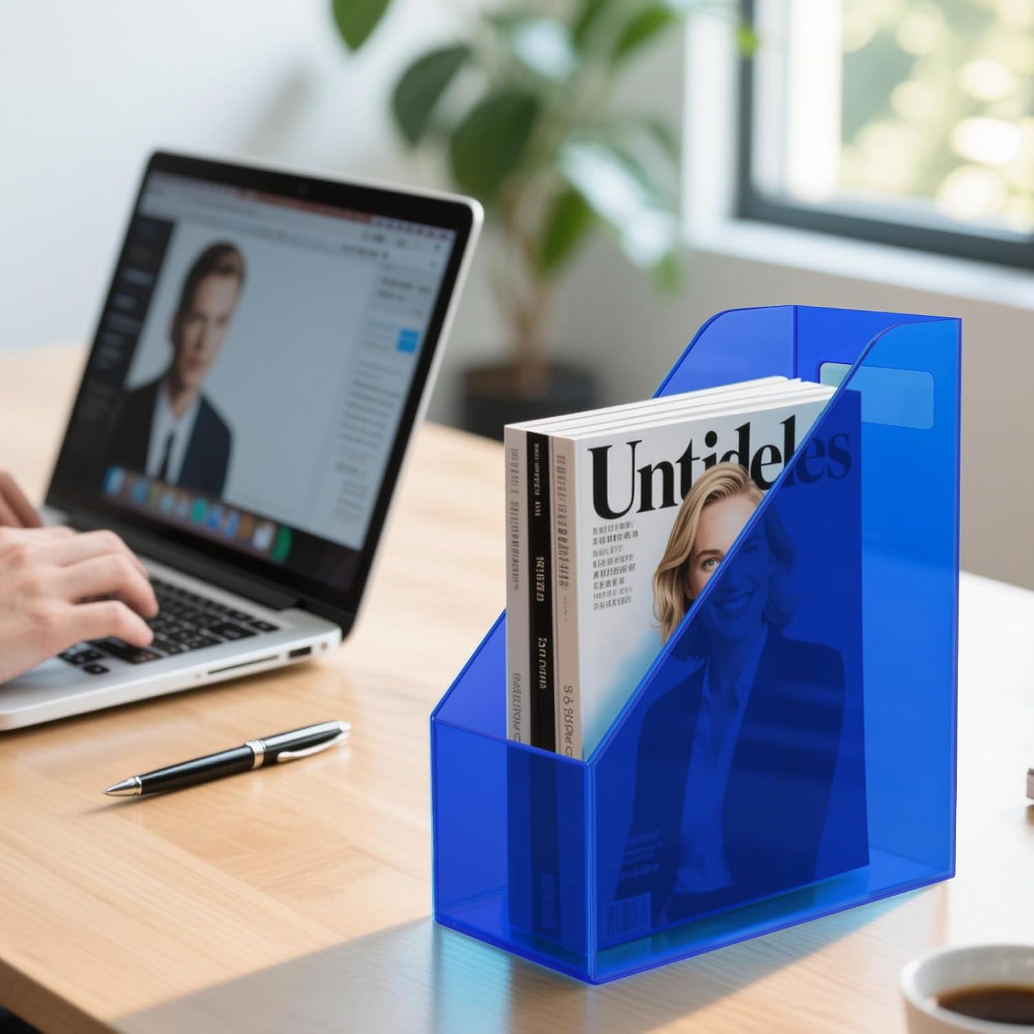 Acrylic Magazine Rack Desk File Holder Organizer for Office Desktop Vertical Magazine Storage Box, 12 x 10 x 5'', Klein Blue