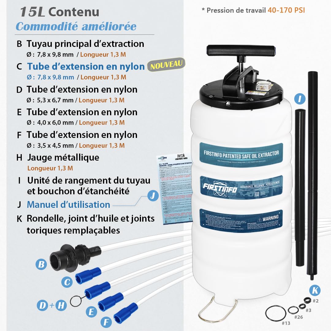 FIRSTINFO A1106H | Extracteur d’Huile 15L Manuel | 3ᵉ génération breveté | Soupape de sécurité | 5 tuyaux Dont Un Ultra-Fin,130 cm | fabriqué à Taïwan