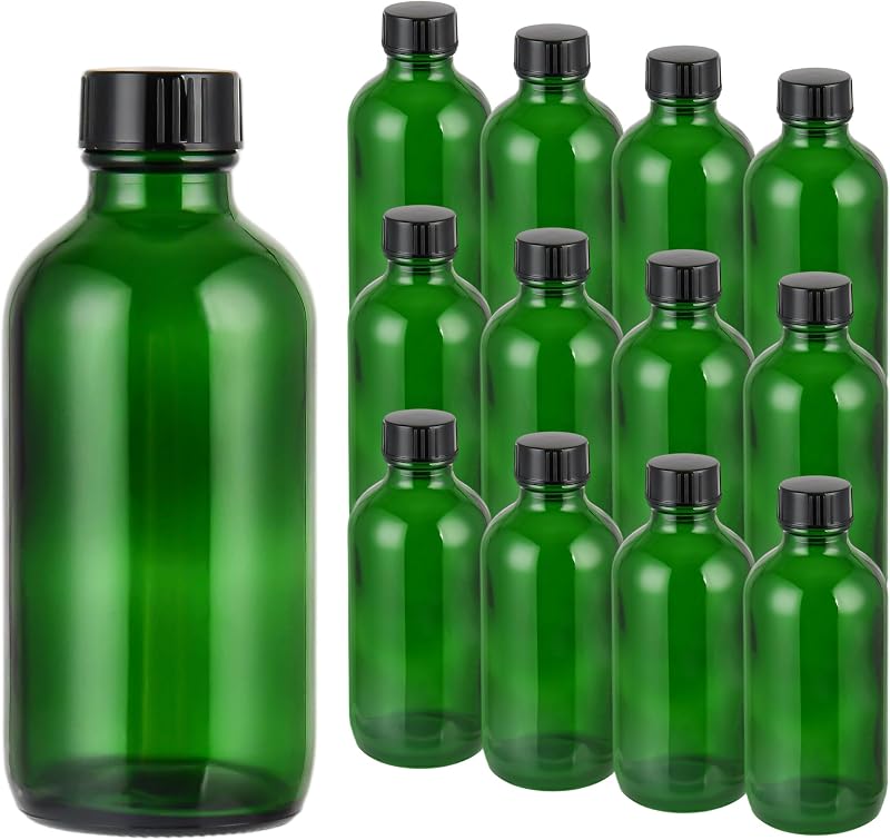Frascos de vidro redondos Boston com tampas, Green UV, 120 mL, pacote com 12