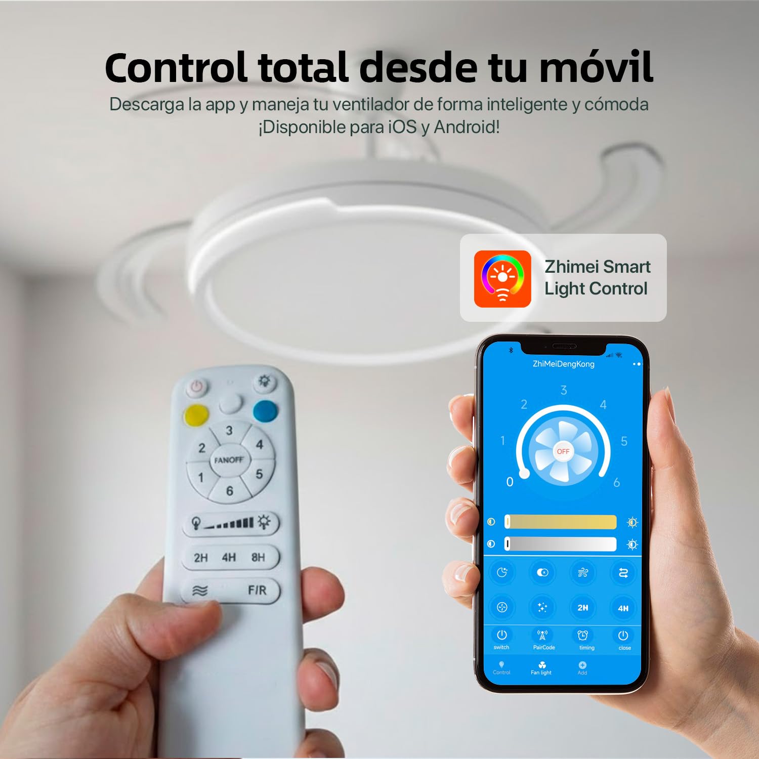 Ventilador con Luz LED 66W + Motor DC 30W, 8280 lm, con mando, Ultra Silencioso con Motor DC, 6 velocidades, aspas retráctiles, 3 temperaturas de luz, función verano-invierno (Blanco Liso)