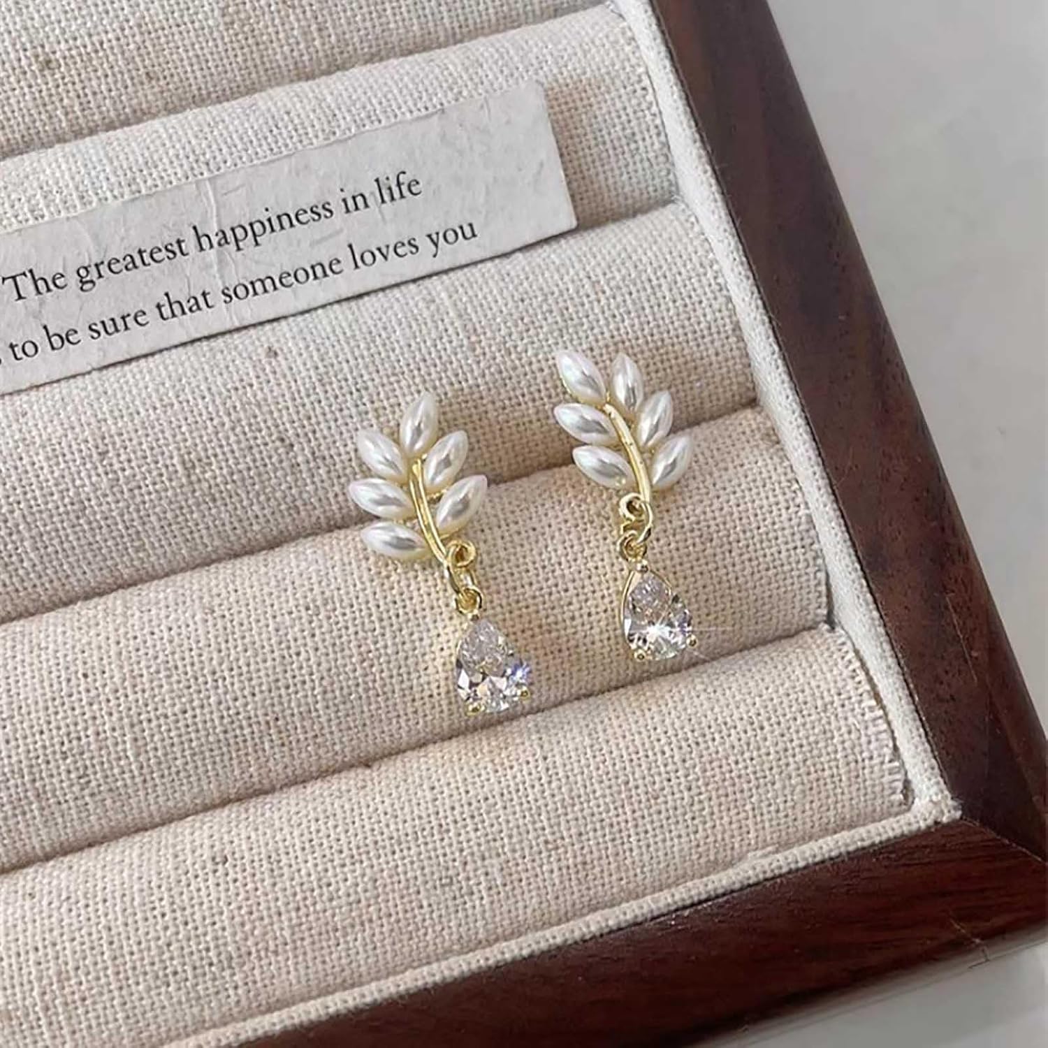 W WEILIRIAN Boho Pearl Leaf Earrings Teardrop Crystal Drop Earrings Pearl Leaf Stud Earrings Rhinestone Dangle Earrings Jewelry for Women - Image 5