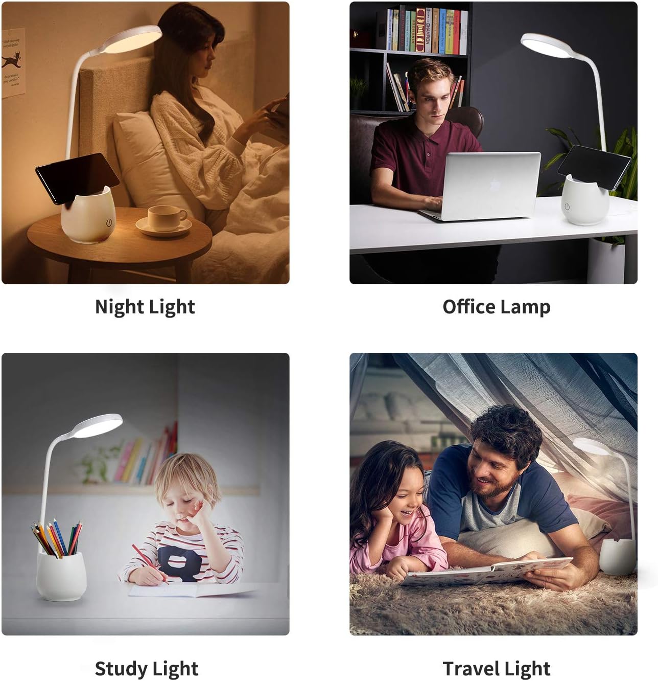 Desk Lamps for Home Office, LED Desk Light with Pen Holder Phone Holder, 3 Color Light Modes, Eye-Caring Reading Night Light for Students Kids, Table Lamps with USB Charging Port : Everything Else