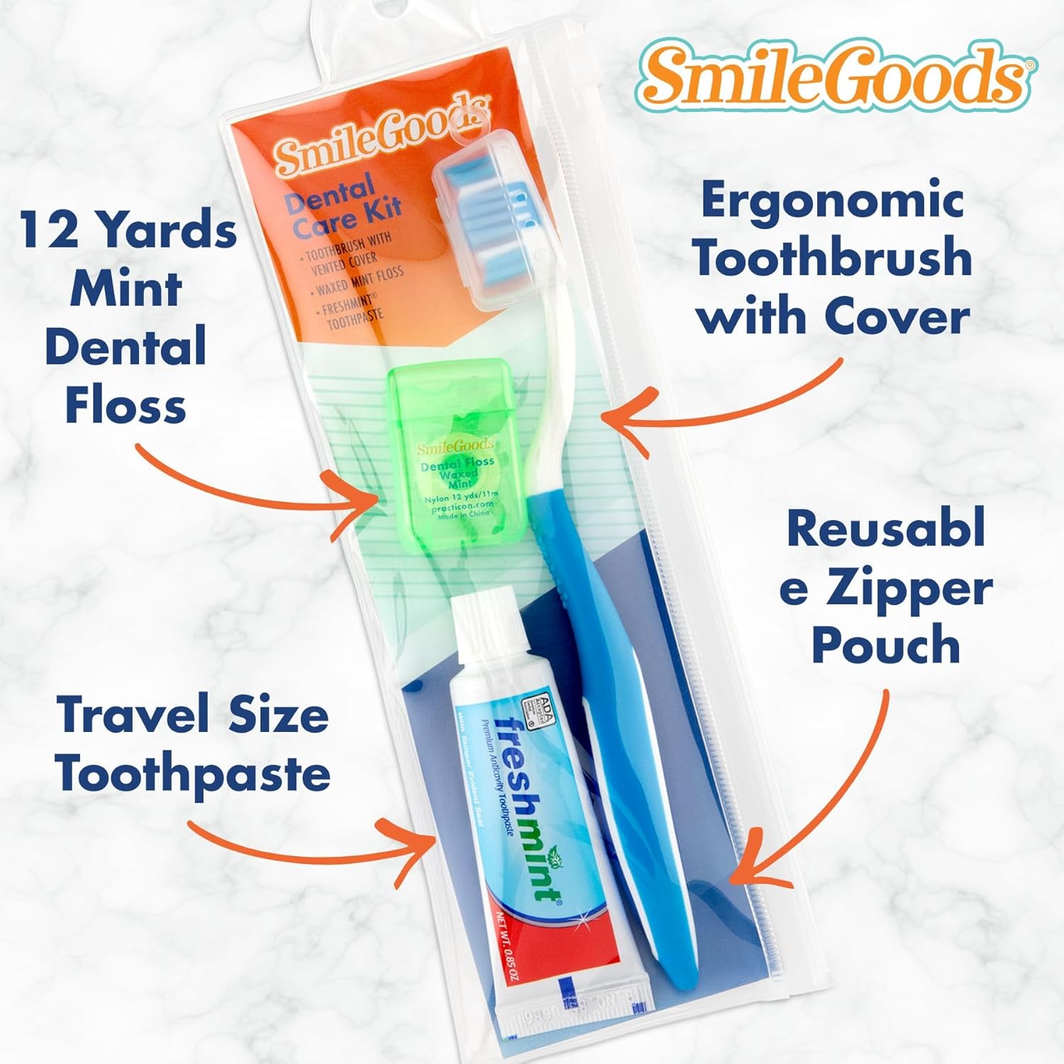 Adult Dental Care Kit, Travel Size Bundle w/Toothbrush with Cover, Toothpaste, and Floss, TSA Compliant Oral Care Kit