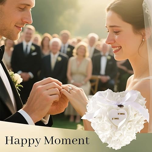 Miniatura 4 de HONEYGIFTS Wedding Ring Pillow, Irovy Ring Bearer Holder Pillows Heart Shape Rose Lace Cushion for Wedding Party Anniversary Ceromony