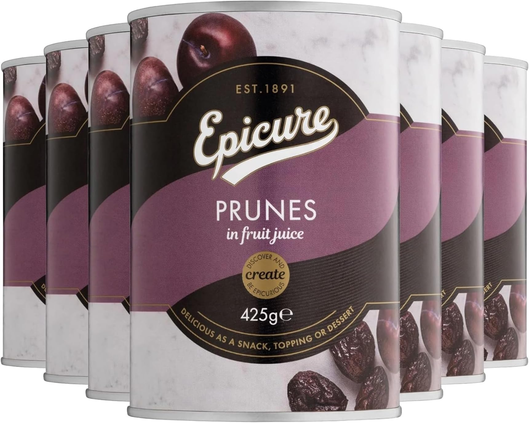 Epicure Tinned Prunes in Fruit Juice, Delicious Snack and Dessert, 425 g (Pack of 12)