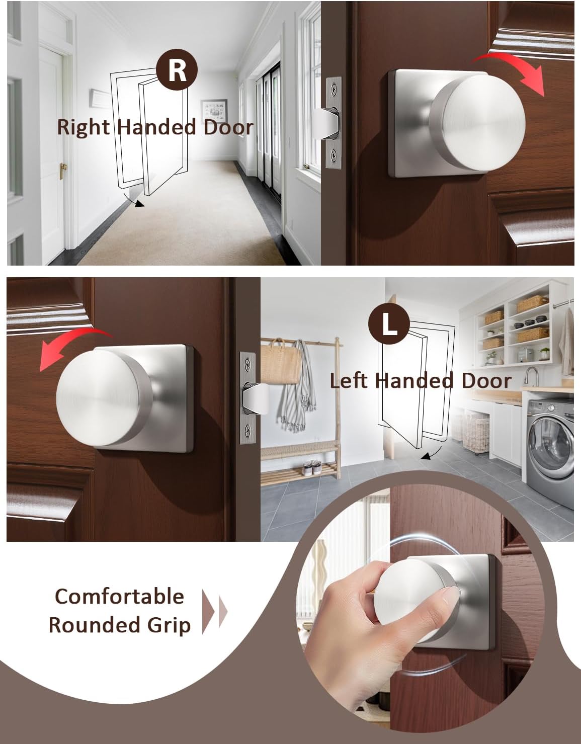 4 Pack Brushed Nickel Interior Passage Door Knob, Handle for Closet and Hallway Doors, Heavy Duty Square Non-Locking Door Knob, Keyless Door Knobs on Square Rose