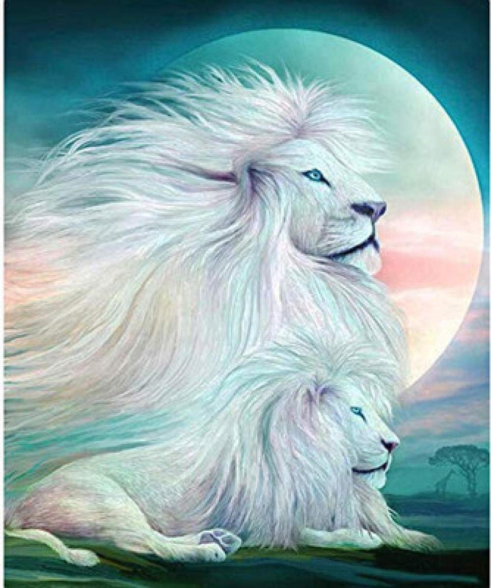 Peinture diamant lion blanc en résine haut de gamme toile adhésive 5D mosaïque 50x60cm