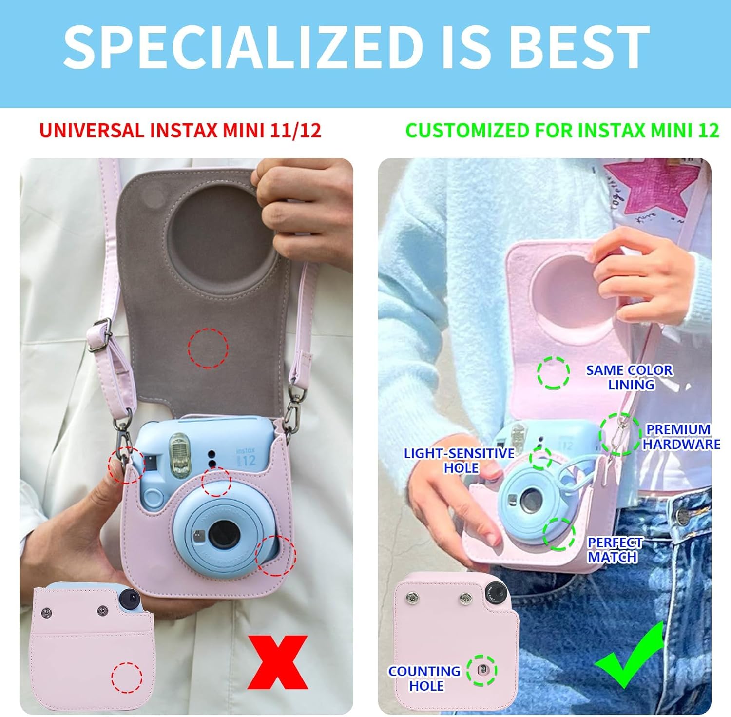 WOGOZAN Mini 12 Accessories Kit for Fujifilm Instax Mini 12 Instant Camera Case+Album for 3 Inch Film+Color Filters+Photo Album & Frames+Wall Hanging Frame+DIY Sticker (Blue Pink Watercolor)