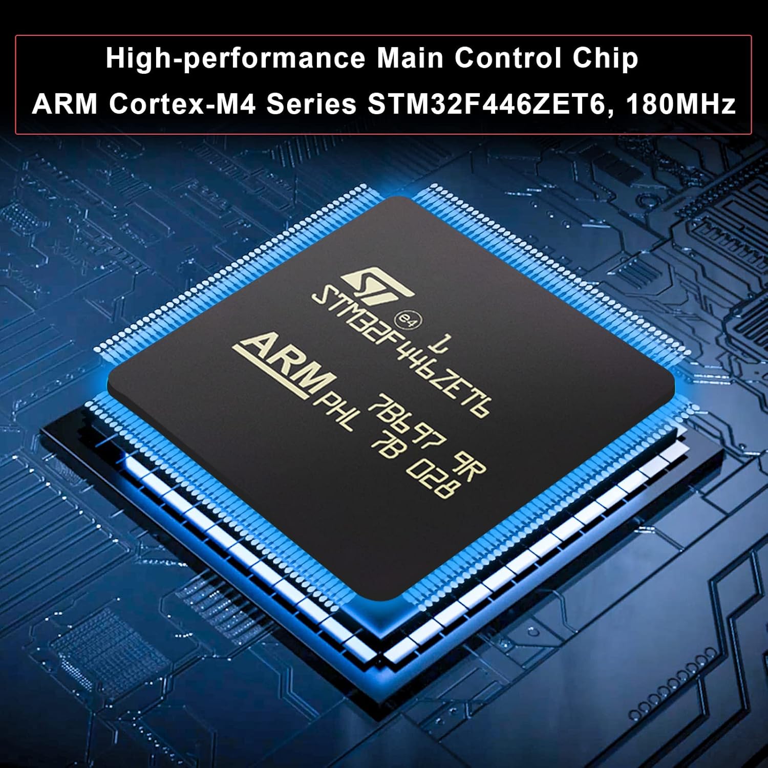 Close-up of the ARM Cortex-M4 series STM32F446ZET6 main control chip on the Octopus Pro board.