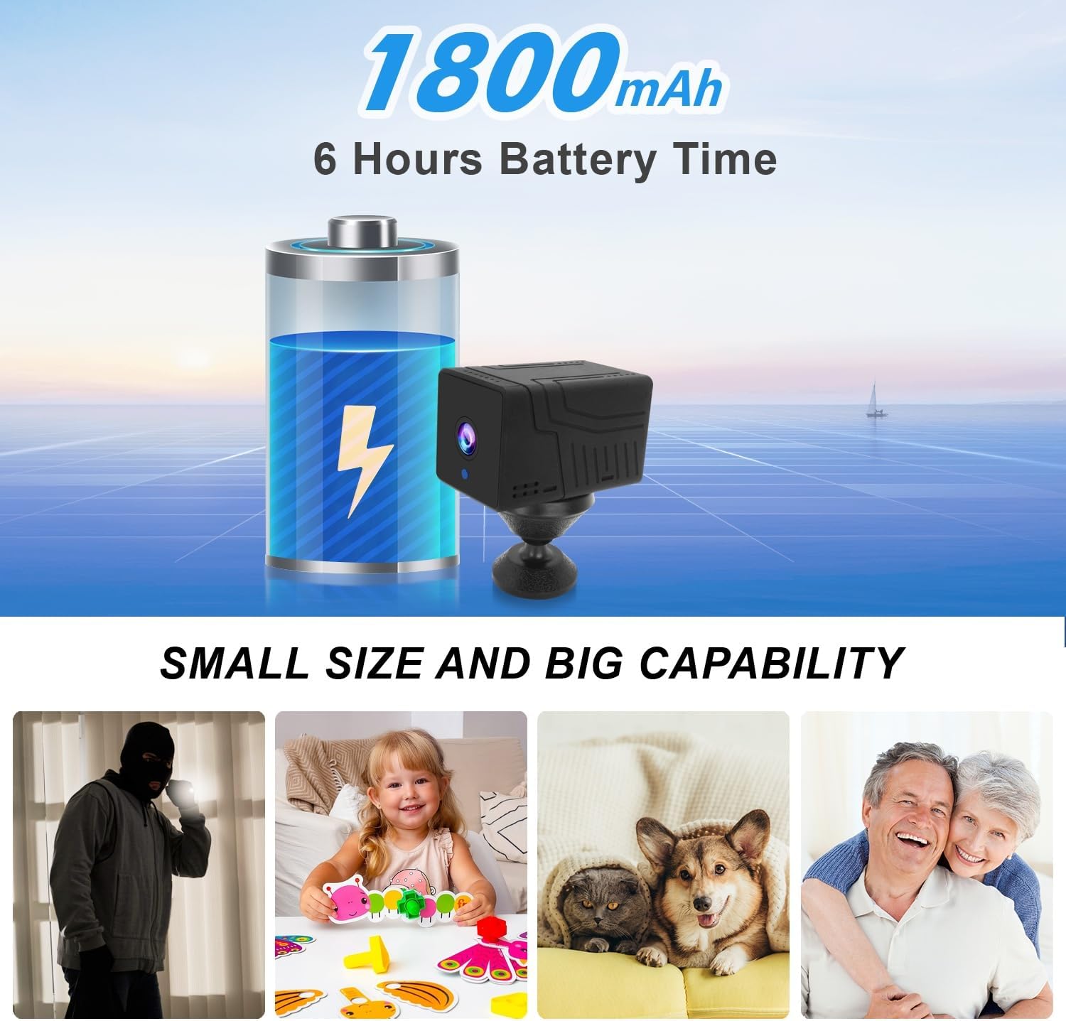 Rettru Q18 camera with an illustration of its 1800mAh battery providing 6 hours of battery time