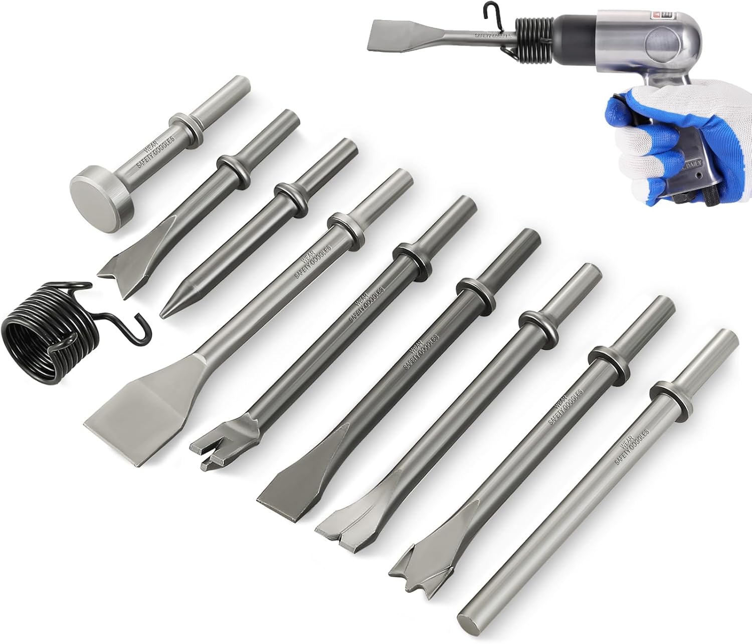 NATGAI 10PCS Air Hammer Chisel Set, Heavy Duty Pneumatic Chisels with 0.401" Shank, Carbon Steel Air Hammer Bits for Tile, Masonry, Concrete, Brick, Rust Removal, Rivet & Automotive Work, with Spring