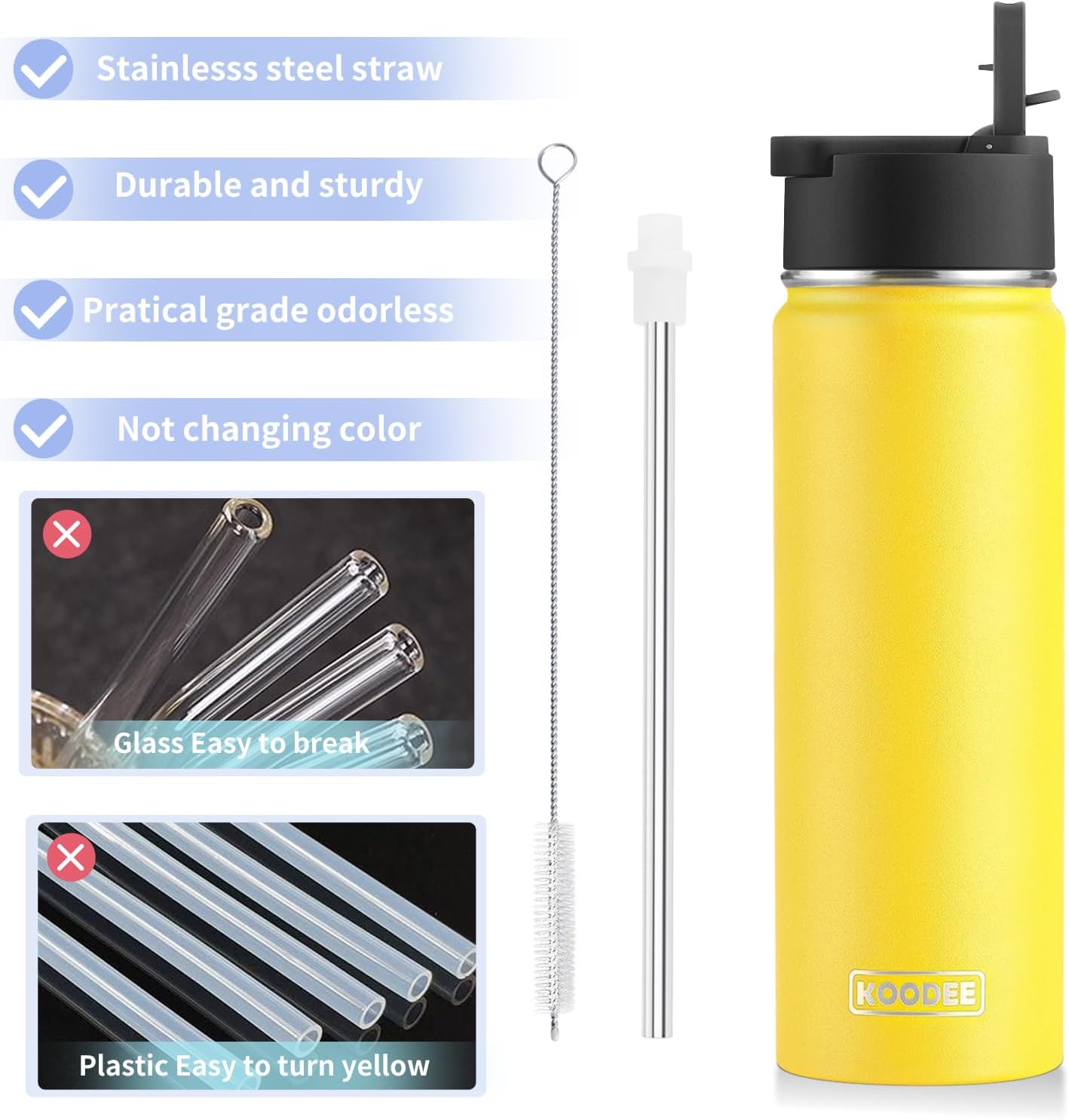 koodee Water Bottle with Straw-26 oz Stainless Steel Vacuum Insulated Water Bottle for Girls Metal Sports Flask for Adult(Yellow)