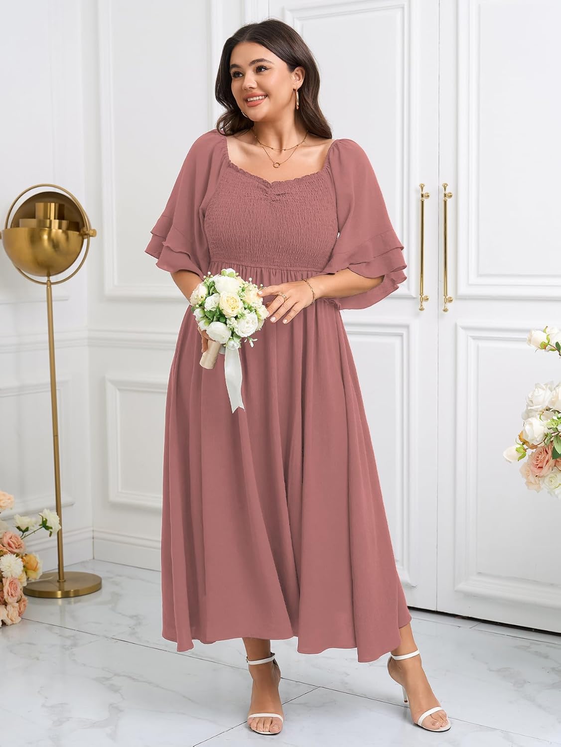 SCOMCHIC Womens Plus Size Maxi Dresses Smocked Square Neck Short Sleeve Wedding Guest Formal Flowy A-Line Long Dress - Image 4