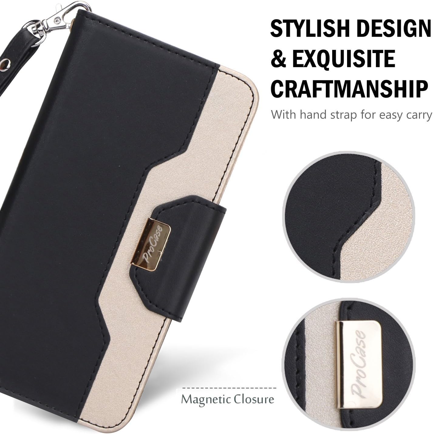 ProCase Galaxy J7 2018 Wallet Case, Galaxy J7 Aero/J7 Star/J7 Top/J7 Crown/J7 Aura/J7 Refine/J7 Eon Folding Flip Kickstand Case Protective Book Cover with Card Holders Mirror Wristlet -Black