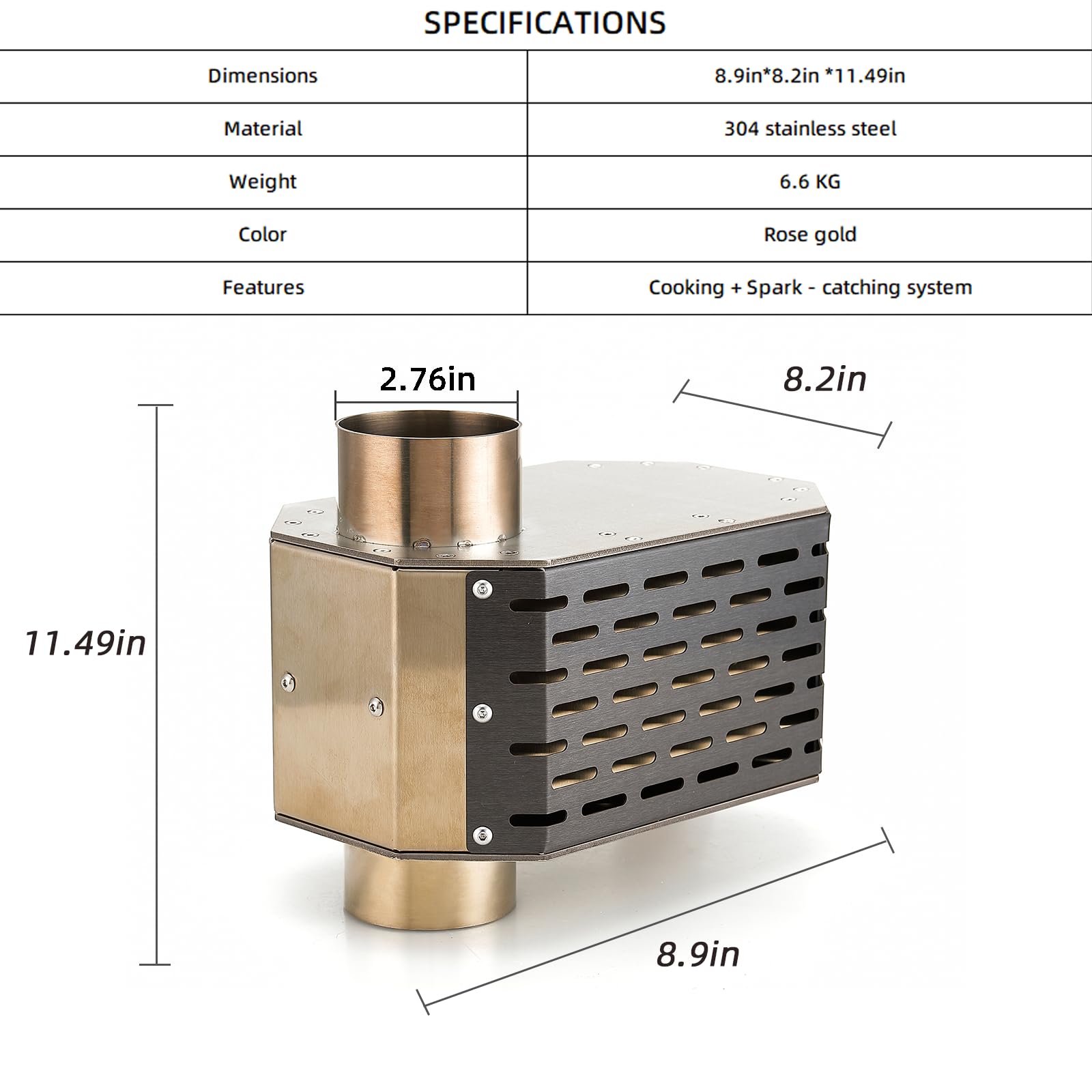 Plataforma de chimenea de acero inoxidable con supresor de chispas y plataforma de cocina, con protección de tienda, para estufas de leña con chimeneas de 2.756 in de diámetro, oro rosa 2