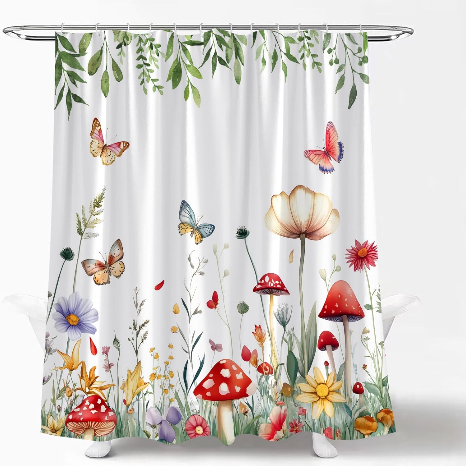 Sage Green Mushroom Shower Curtain Watercolor Eucalyptus Leaves Butterfly Floral Boho Botanical Spring Nature Bathroom Curtains Decor with Hooks