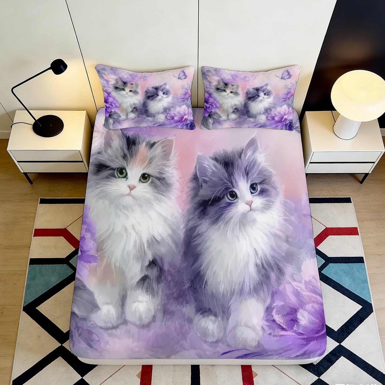 3D Printed soft touch Kitten Fitted Sheet, Microfiber wrinkle resistant Bedding, Slip-Proof, Gift Bedding Set for Bedroom or Guest Room 180x200x25cm