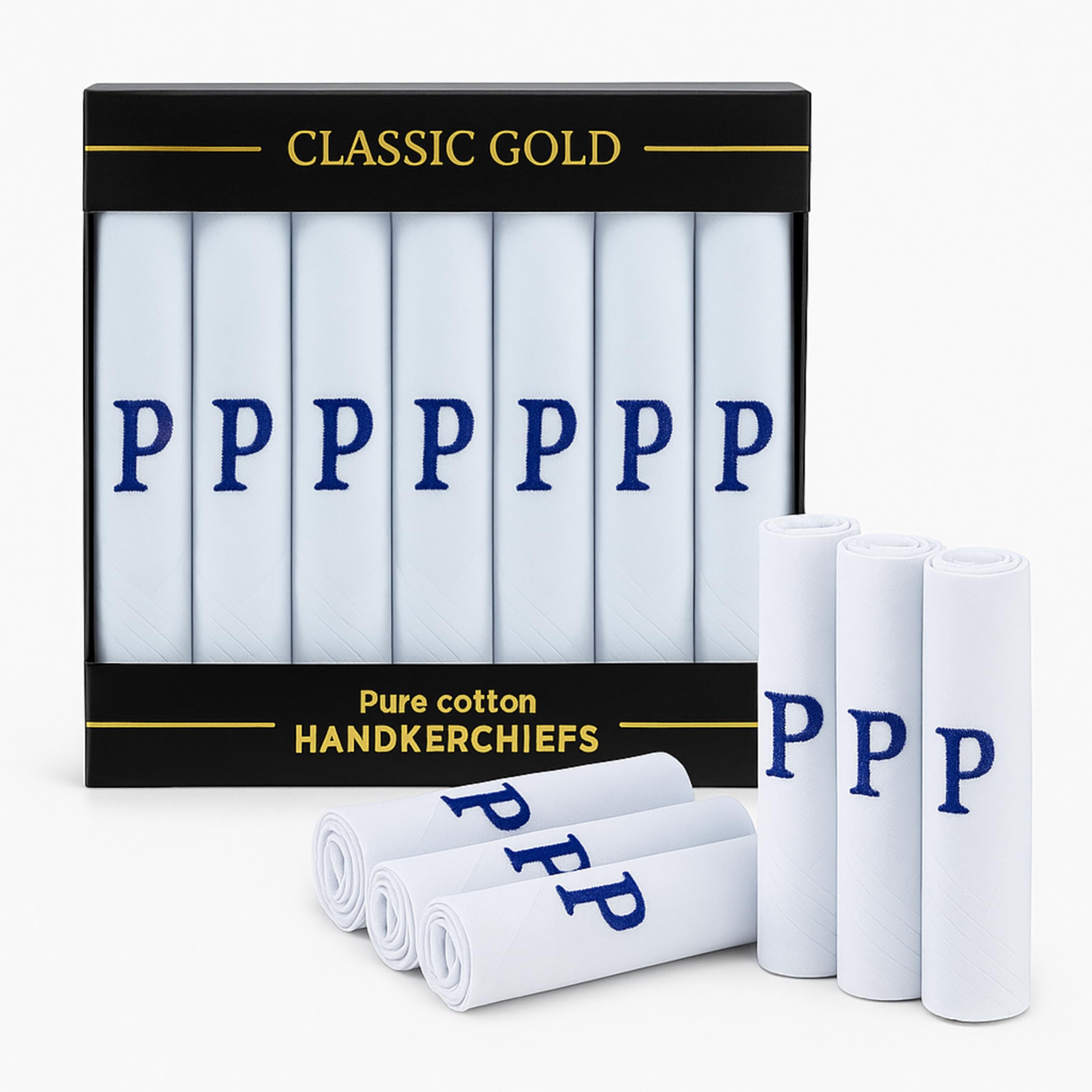7 Pack Of Mens/Gentlemens White Satin Bordered Handkerchiefs With & Blue Embroidered Initials, 40x40cm,P