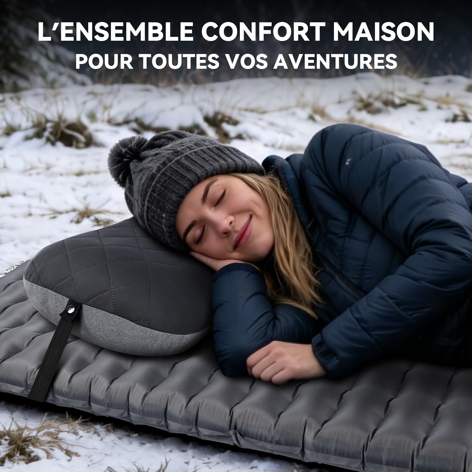 HIKENTURE Pack Camping : R-Value 6,2 Matelas de Camping Gonflable 198cm + Oreiller Gonflable Voyage Noir Taie Amovible - Ultra Léger et Compact pour Trekking, Randonnée et Bivouac