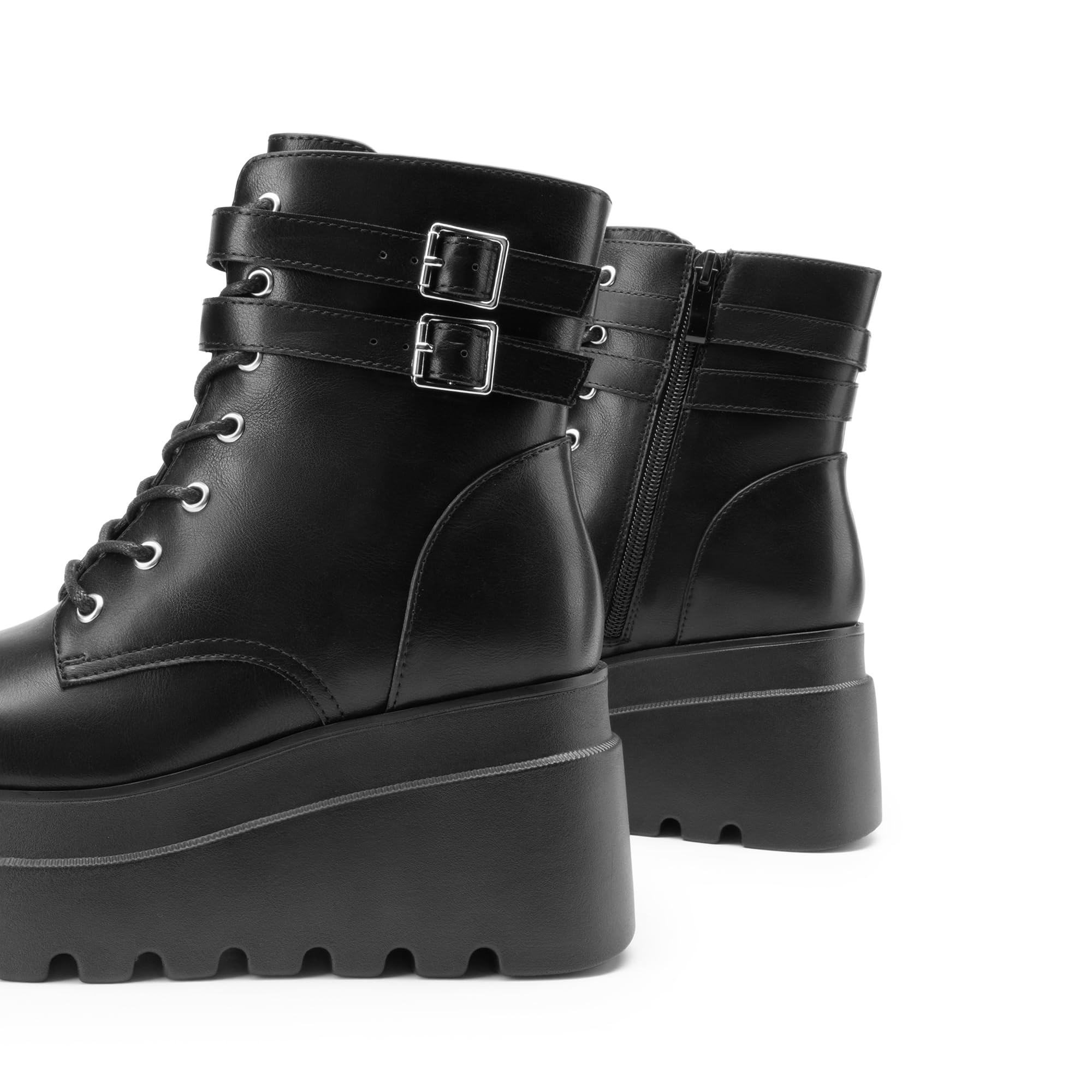 DREAM PAIRS Botines de combate de plataforma para mujer, estilo gótico, tacón alto, con cordones, para motocicleta