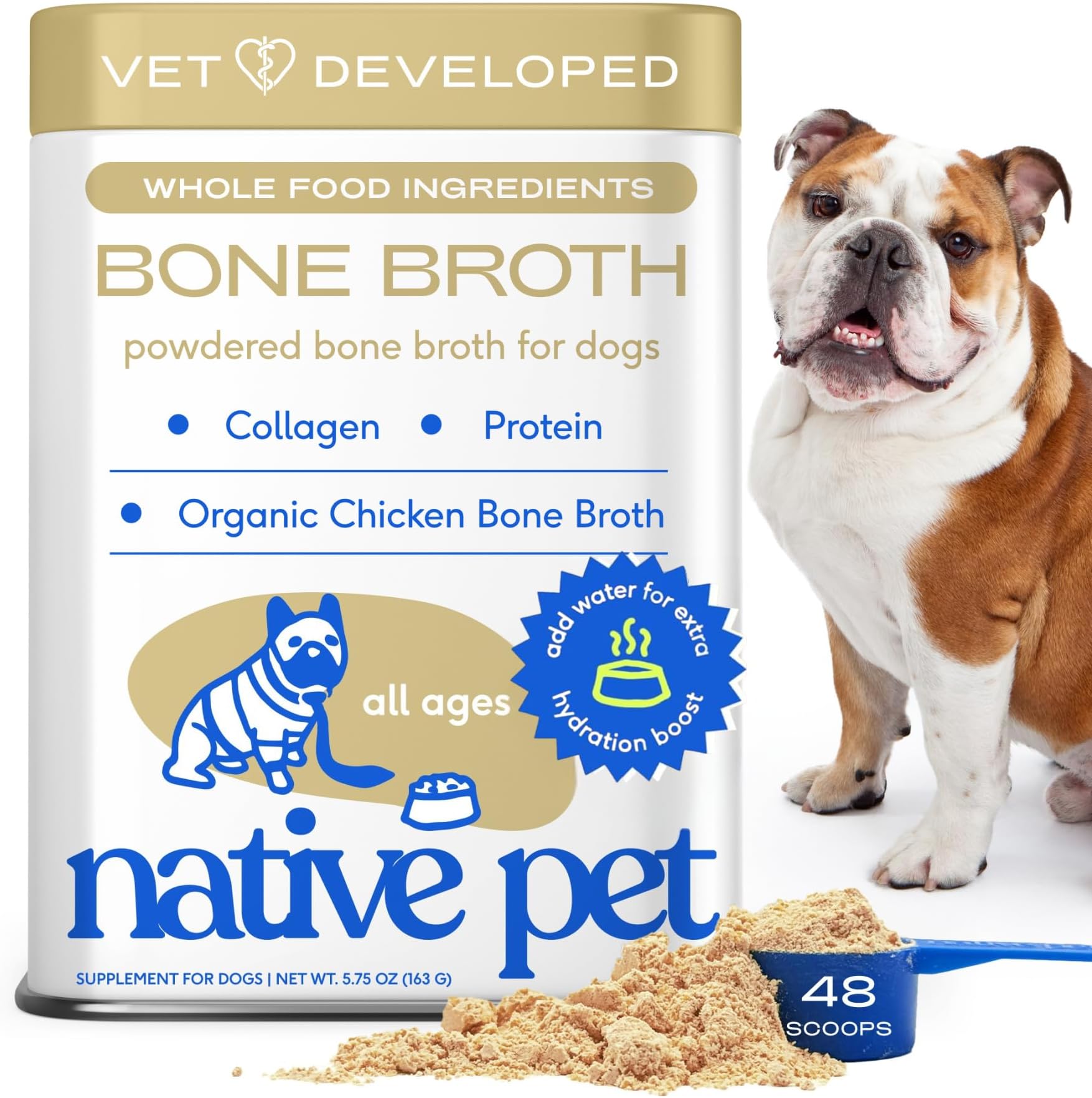 Bone Broth for Dogs and Cats - Chicken Bone Broth Powder Dog Food Toppers for Picky Eaters - Provides Extra Nutrition for Joint Strength, Immune Support & Heart Health - 48 Scoops