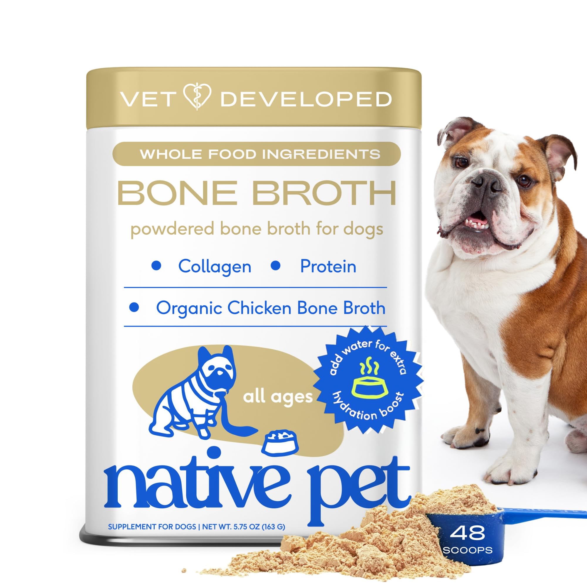 Native Pet Bone Broth for Dogs and Cats - Chicken Bone Broth Powder Dog Food Toppers for Picky Eaters - Provides Extra Nutrition for Joint Strength, Immune Support & Heart Health - 48 ScoopsUSDA Organic