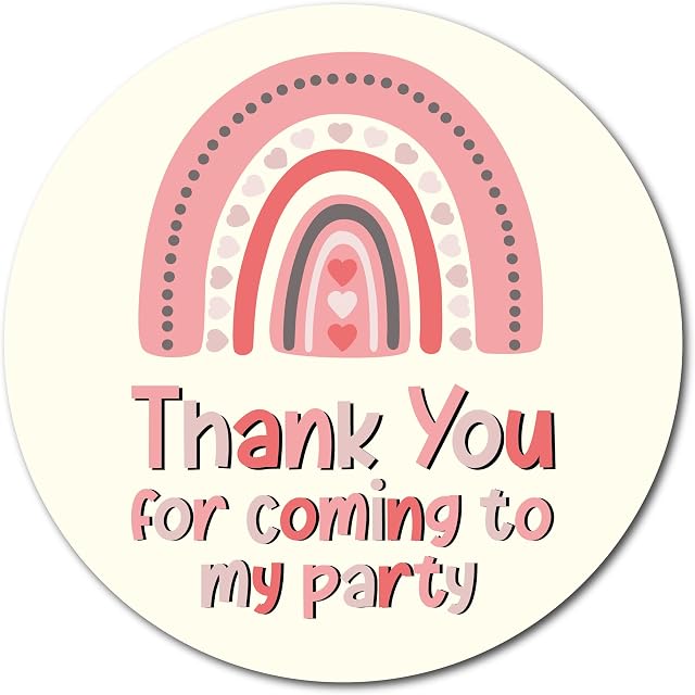 40mm Pink Pastel Chic Rainbow "Thank You for Coming to My Party" Round Birthday Stickers (24 x Stickers)