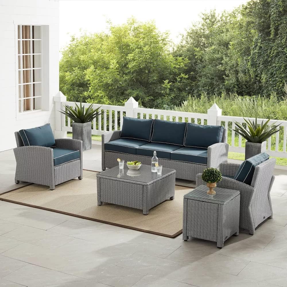 LOCCUS 5PCS Outdoor Wicker Rattan Furniture Set Cushioned Sectional Sofa,Corner Sofa with Center Table for Garden/Park/Porch/Poolside/Backyard,(Silver and Navy Blue Color)