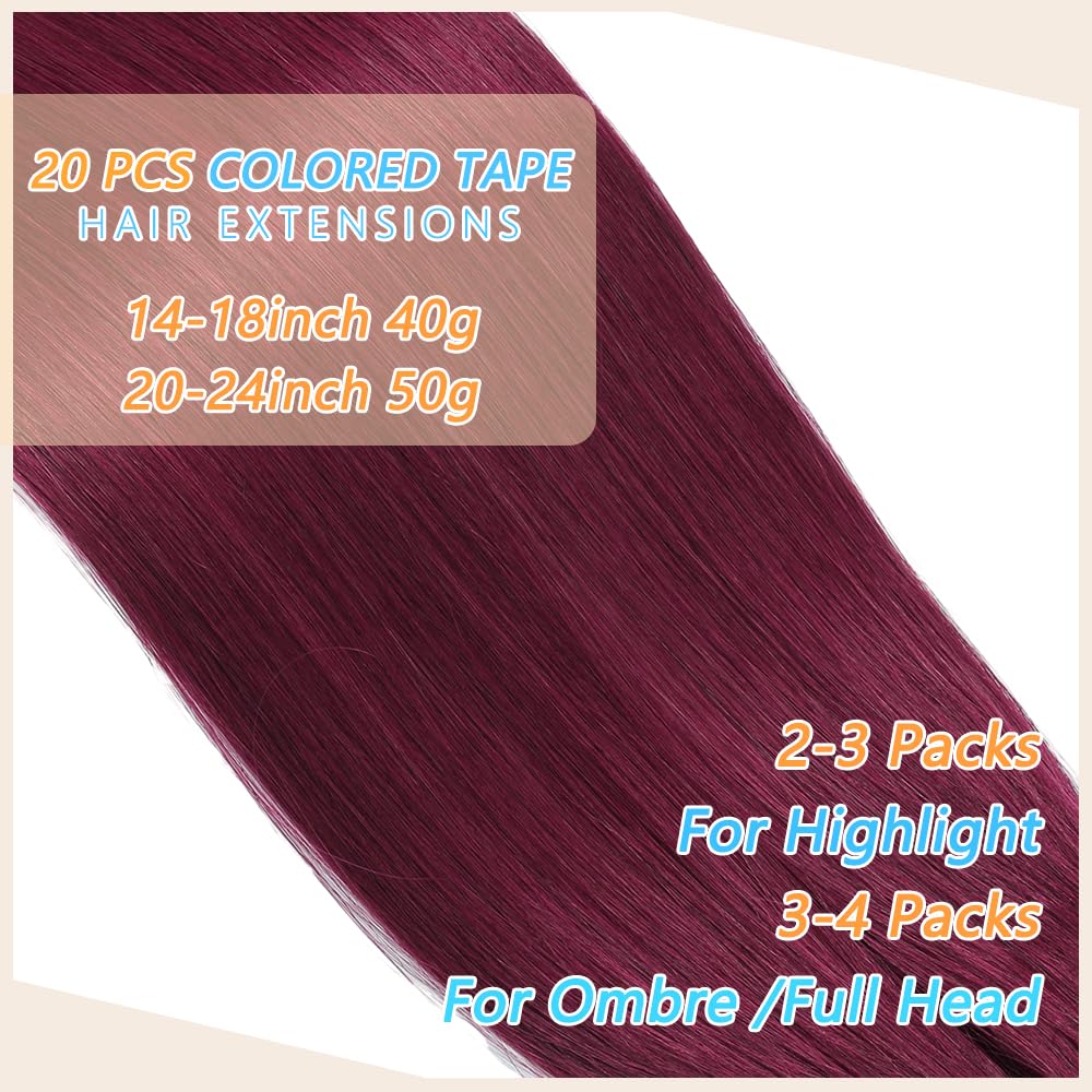 Hotlulana Extension Capelli Veri Biadesivo Rossi(#99J) Extension Capelli Veri 18Pollici 20pcs 45cm 40g Invisible Extension Biadesive Capelli Veri Remy Skin Weft Tape in Hair Extensions Human Hair.