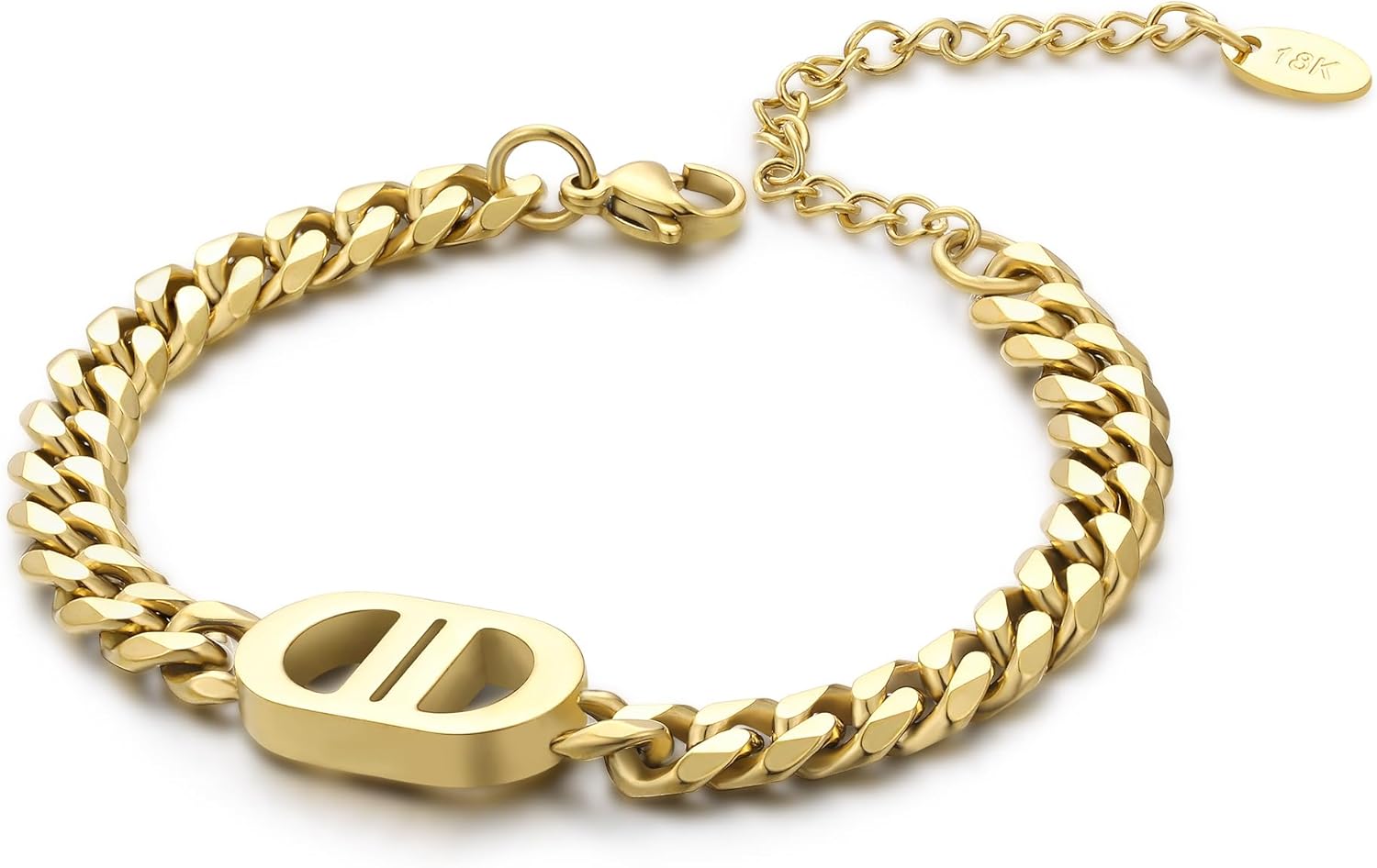 Womens 18K Real Gold Plated Initial Necklace Choker with Double D Letter, 6mm 316L Stainless Steel Cuban Link Chain Bracelet, Birthday Valentine's Day & Mother's Day Gift(Delicate Packing for Christmas)