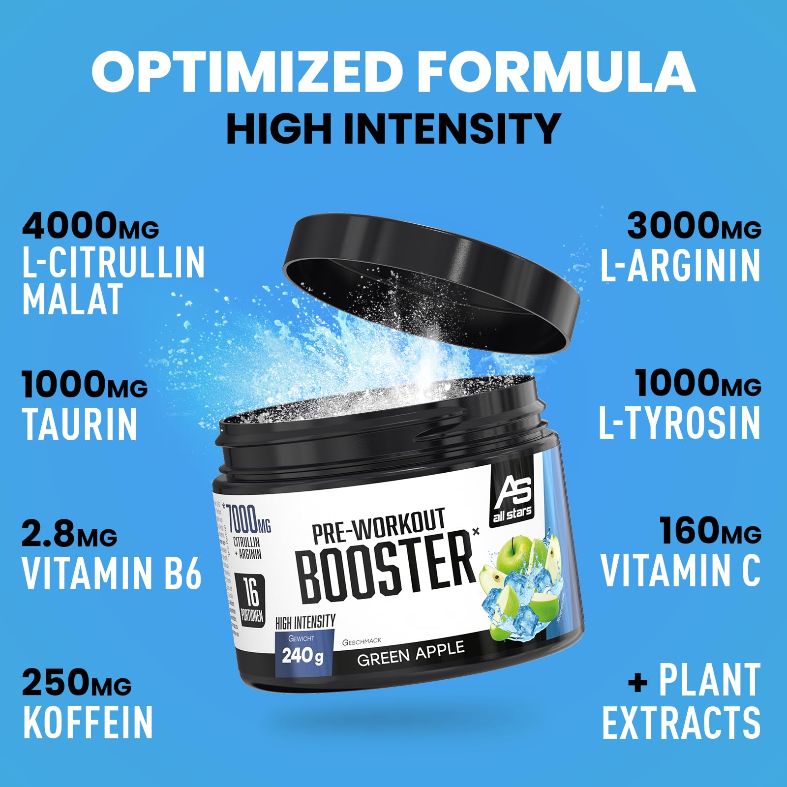 All Stars Pre-Workout Booster Extreme Green Apple I 240g Pre-Workout-Booster für 16 Drinks I Fitness-Pulver mit Aminosäuren + Vitamine + Taurin I Energy Drink mit Koffein