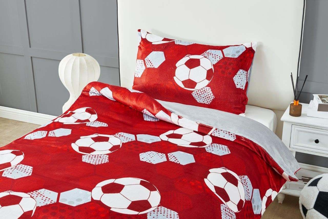 GC GAVENO CAVAILIA Football Bedding Single Teady Fleece Duvet Cover Set (135x200 cm) - Breathable Kids Bed Cover With Pillowcase - Red Duvet Set Washable Linen - Image 2