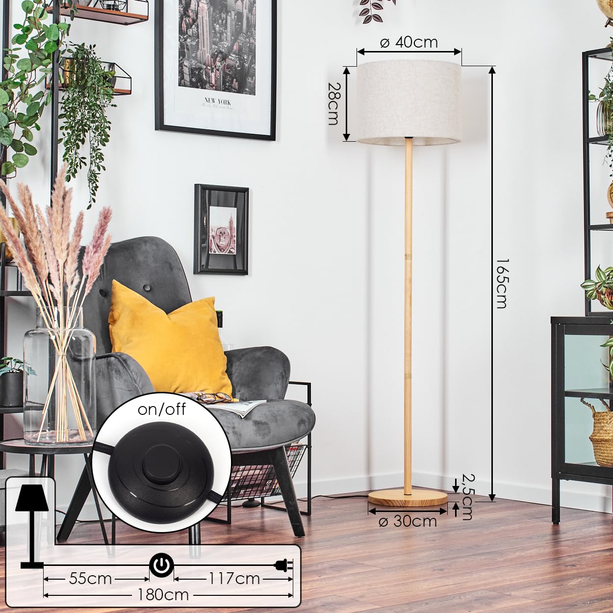 HOFSTEIN Stehleuchte Bassagoda, Stehlampe mit Holzfuß und Schirm aus Stoff, E27, skandinavisches Design, Boho-Style, Höhe 165cm, Ø 40cm, Fußschalter - Wohnzimmer, Schlafzimmer, Esszimmer, Flur, Büro