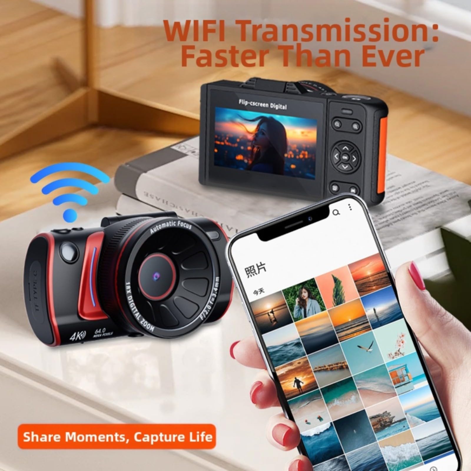 Fotocamera digitale 4K con schermo flip a 180°, telecamera WiFi Vlogging da 64 MP, zoom 18X compatto per videocamera per studenti, viaggi, avventure all'aperto, nero (bianco)