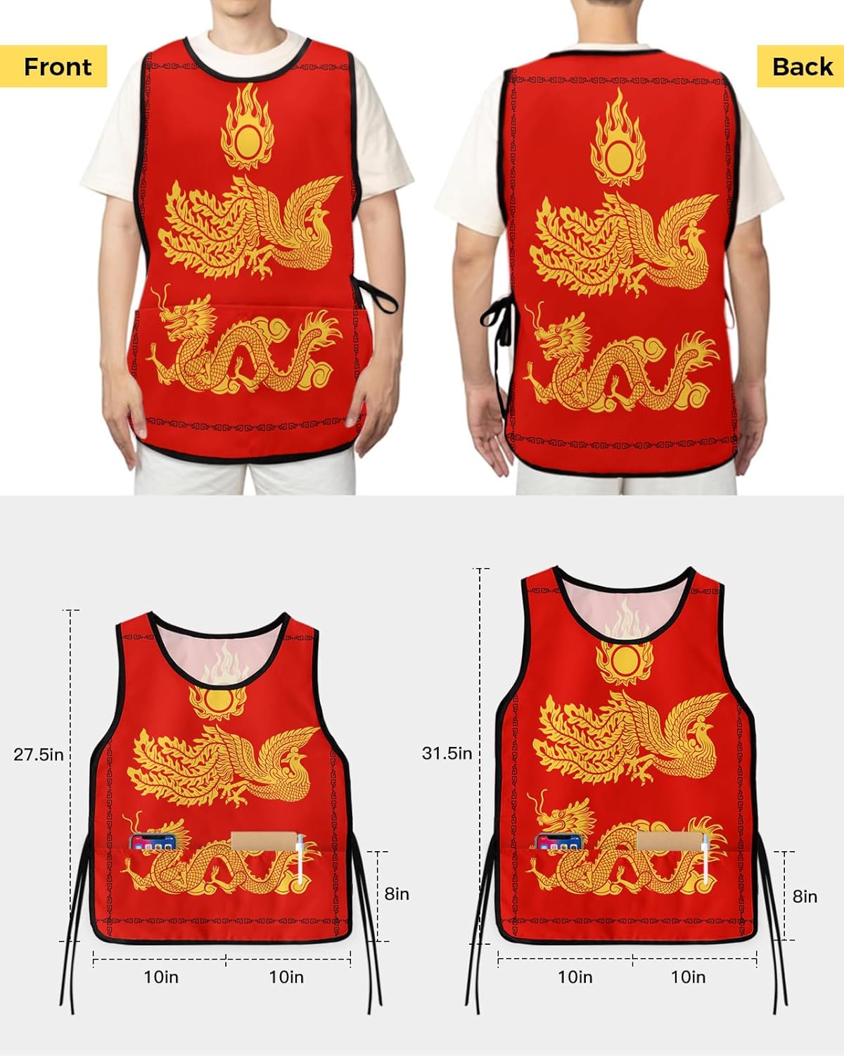Oriental Dragon Cobbler Aprons with 2 Large Pockets for Men Women,Traditional Chinese Happy New Year Red Cobbler