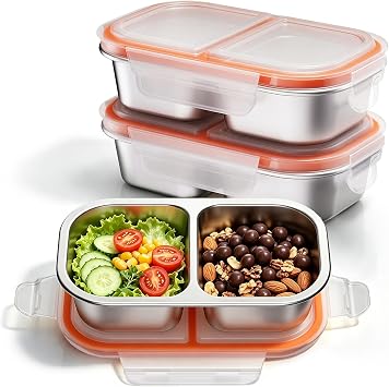 snuggery 3-Pack Stainless Steel Snack Containers for Kids, 2 Compartments