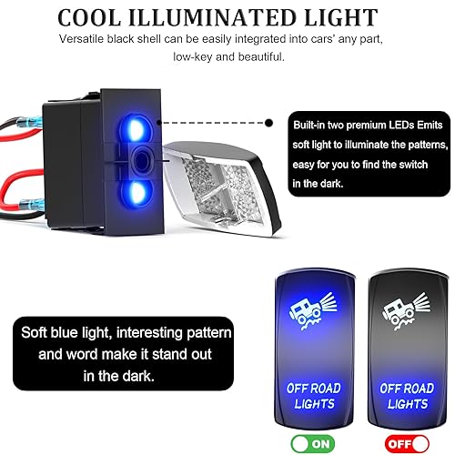 Miniatura 10 de Interruptor basculante iluminado, interruptor de palanca grabado con láser, SPST 5 pines, 12 V, 24 V, cables de puente para automóviles, camiones,