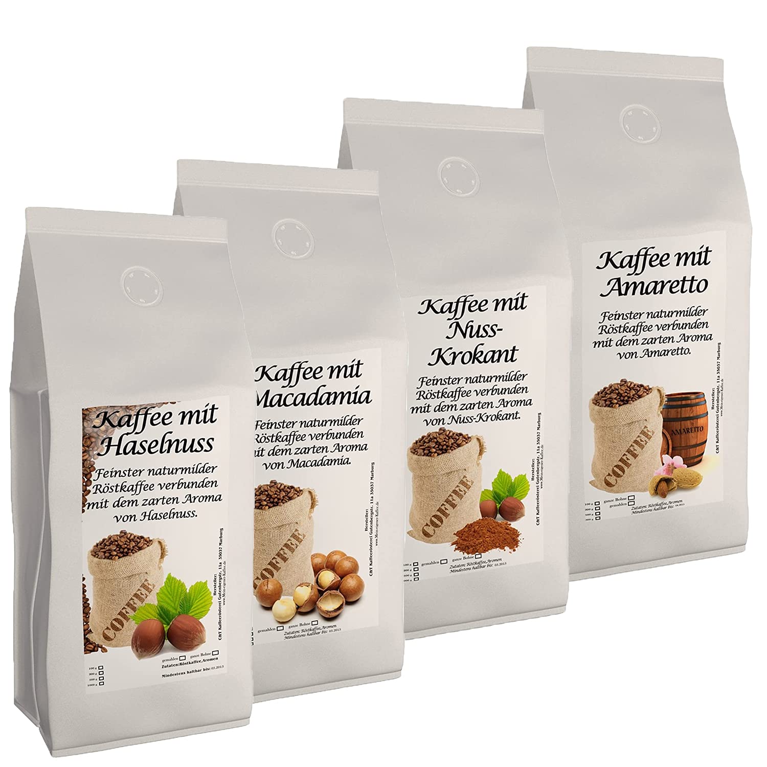 4 x 500g leckere, nussige Aromakaffee Sorten - Kaffee mit Haselnuss, Macadamia, Nuss-Krokant, Amaretto (Ganze Bohnen)