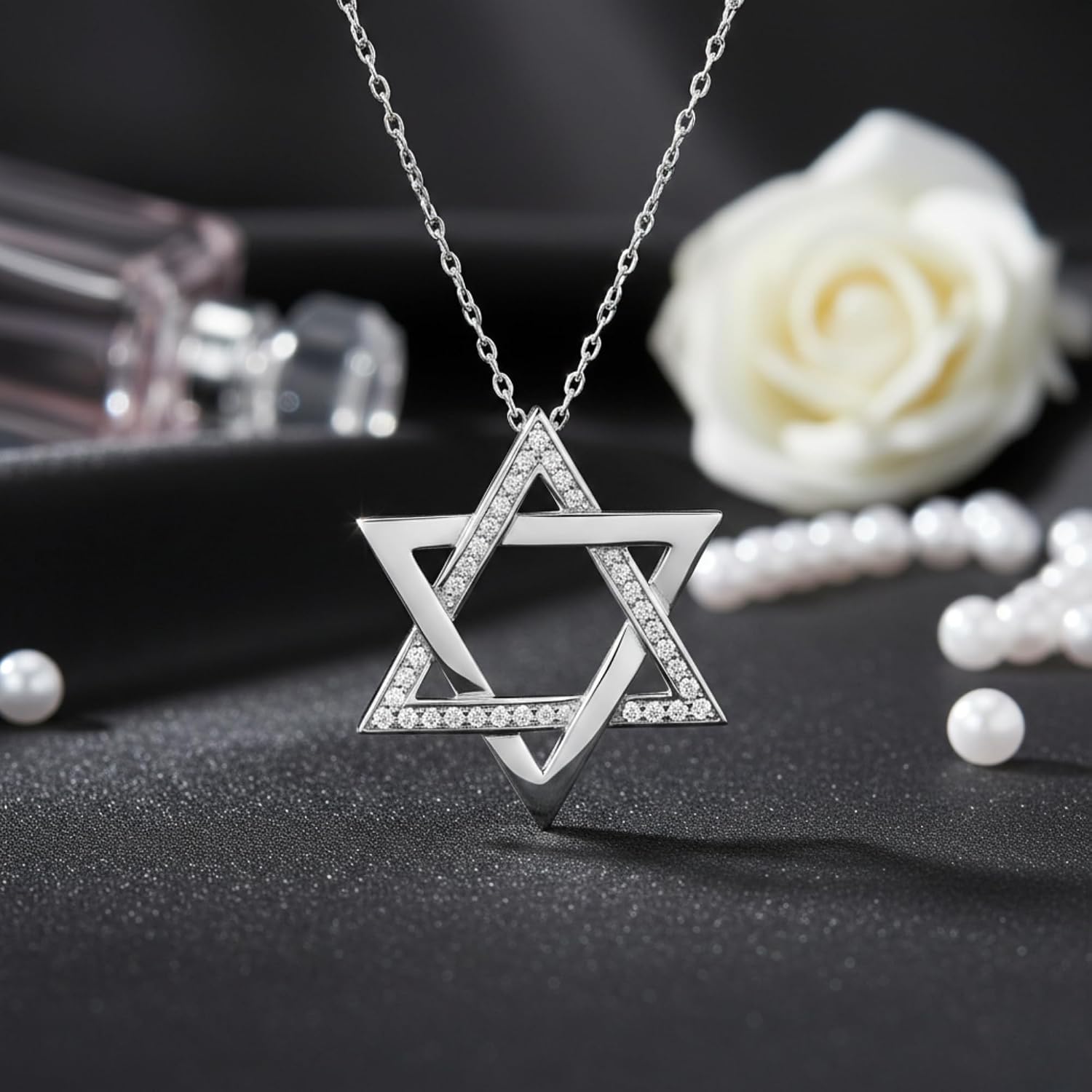 Star Of David Pendant, 0.10Ctw Natural Diamond Star Shape Pendant, 925 Sterling Silver, 18" Chain Necklace, Fashion Jewelry