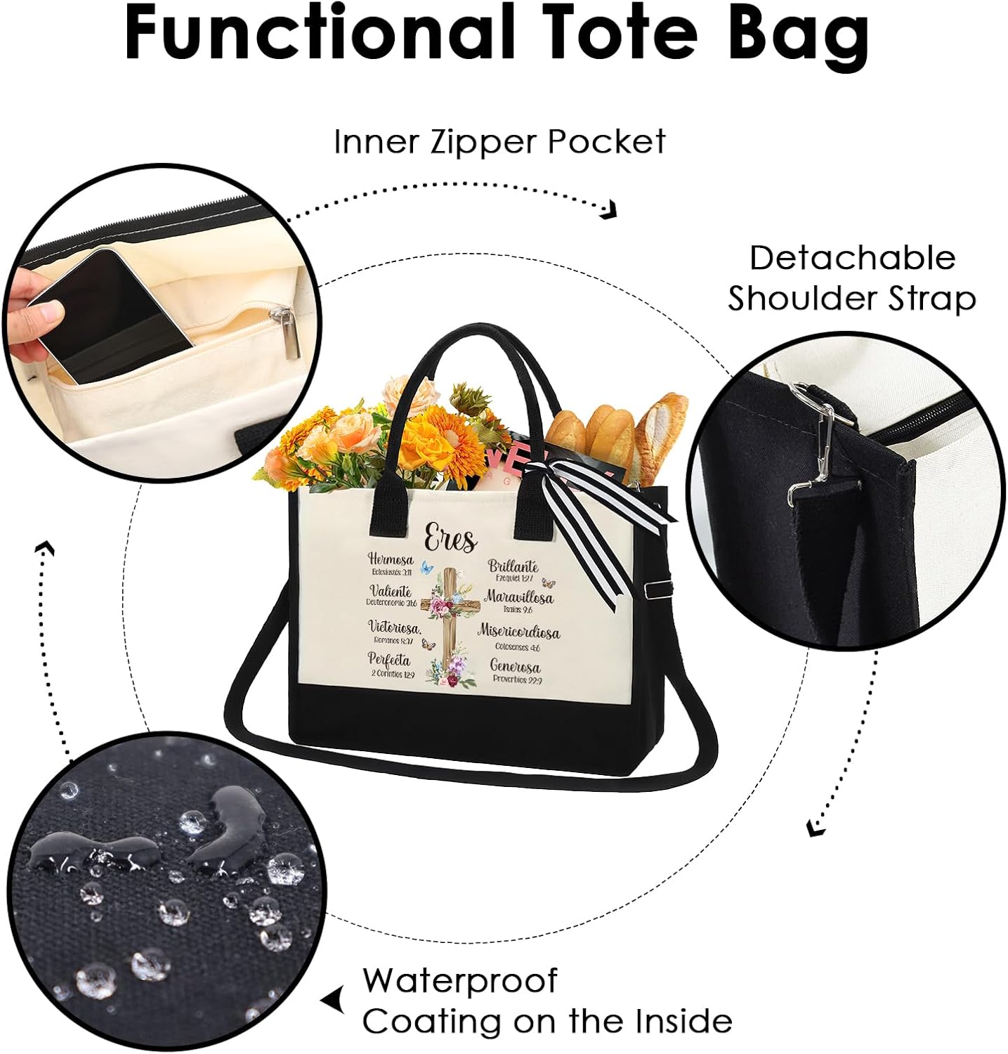 Inspiration Canvas Tote Bag - Christian Gift Reusable Large Grocery Totes Motivation Religious Gifts for Women Scripture New Year Gift Bags for Women Gratitude Birthday Gifts Zipper Handbag - Image 4