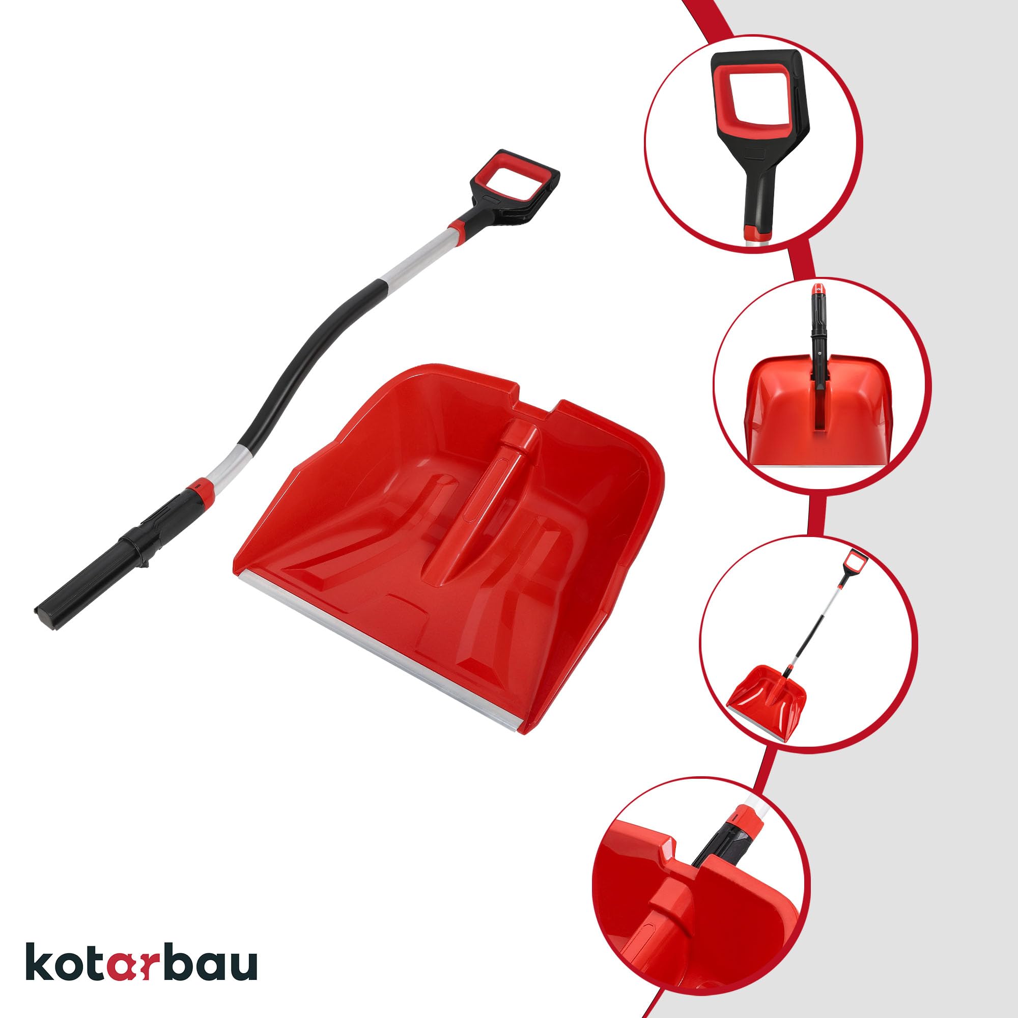 KOTARBAU® Pala da neve in plastica, 40 x 50 cm, con manico ergonomico, 144 cm, colore rosso, con attacco in alluminio, per la neve