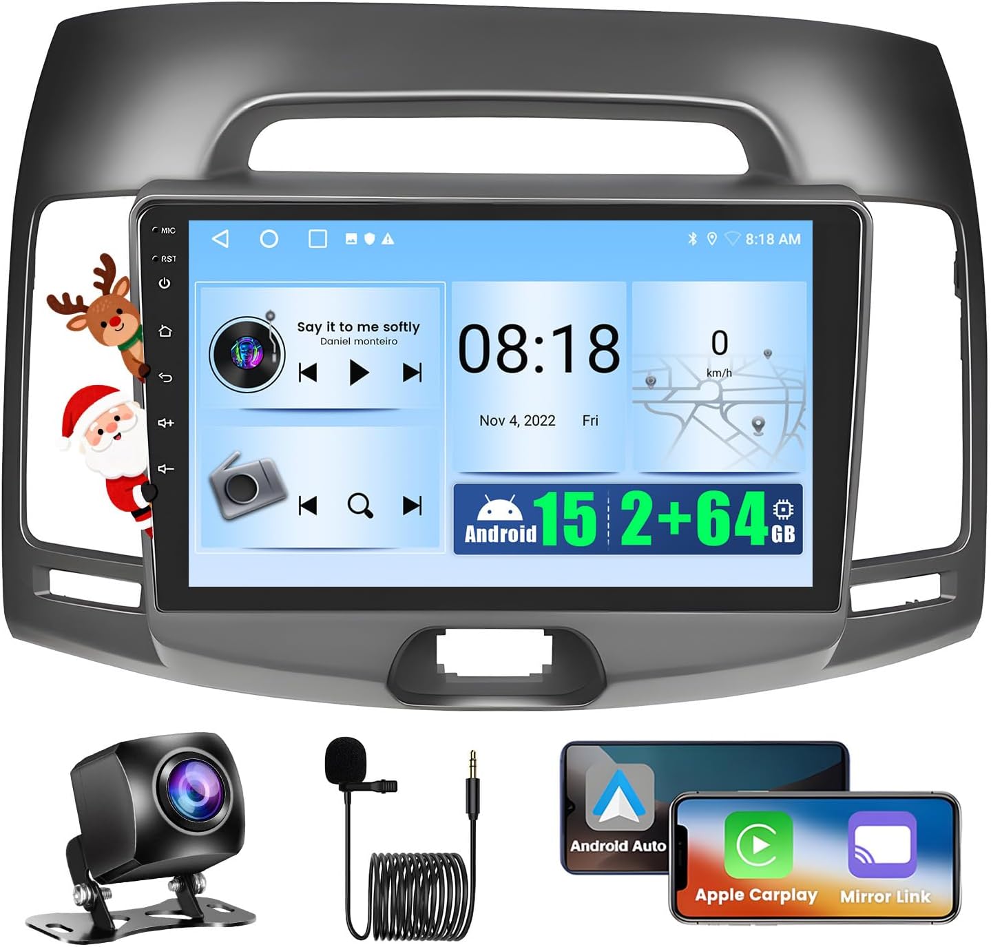 Android 15 Car Stereo for Hyundai Elantra 2007-2010 with Wireless Carplay Android Auto, 2+64GB Realdio 9 Inch Touchscreen Car Radio for Elantra with Bluetooth, EQ, GPS, WiFi, FM RDS Backup Camera MIC