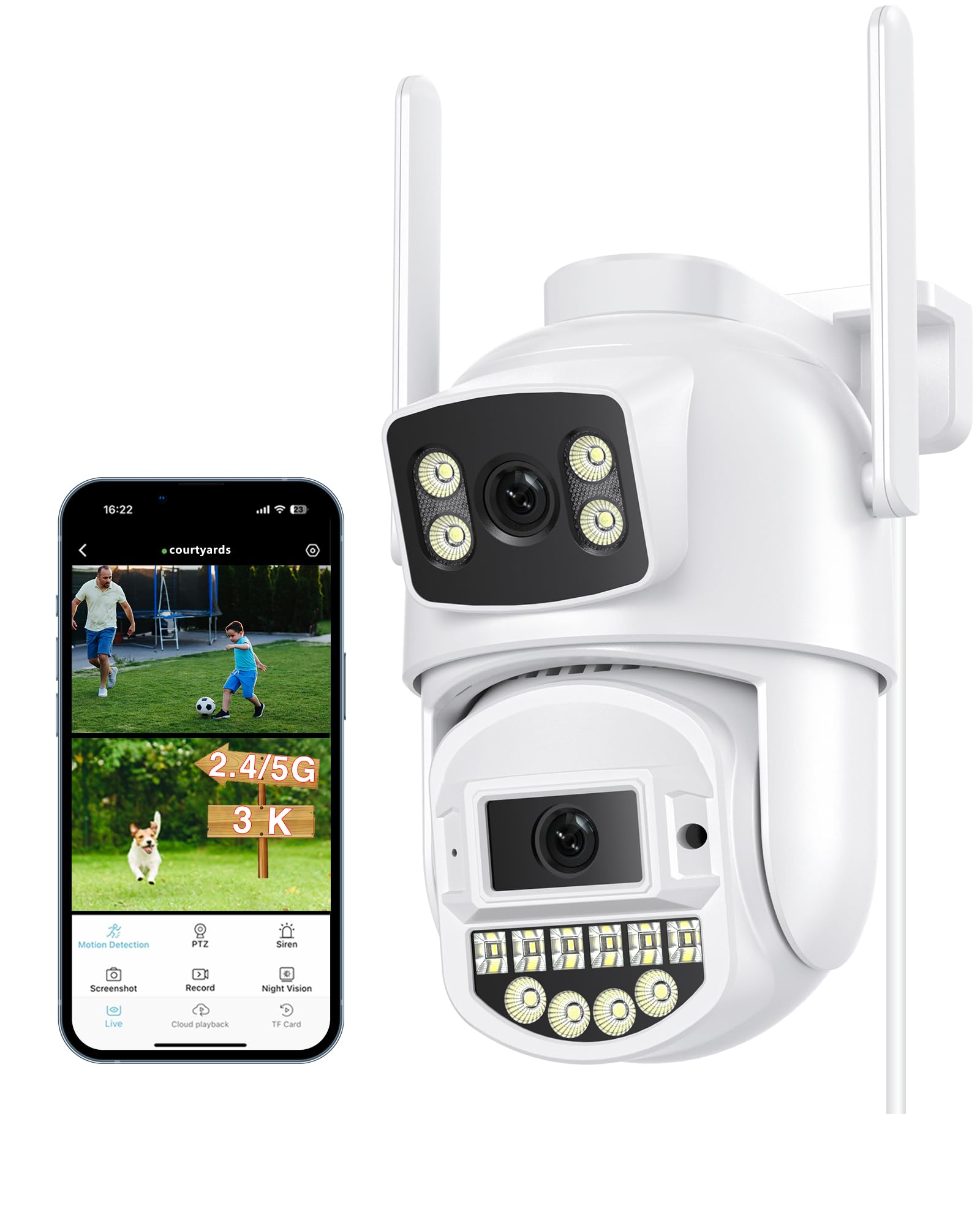 Reobiux Camara Vigilancia WiFi Exterior, Doble Lente 6MP, 2.4/5GHz WiFi Camara de Seguridad Exterior, Visión Nocturna Color 30m, Audio Bidireccional, Detección Humana Automática, IP66