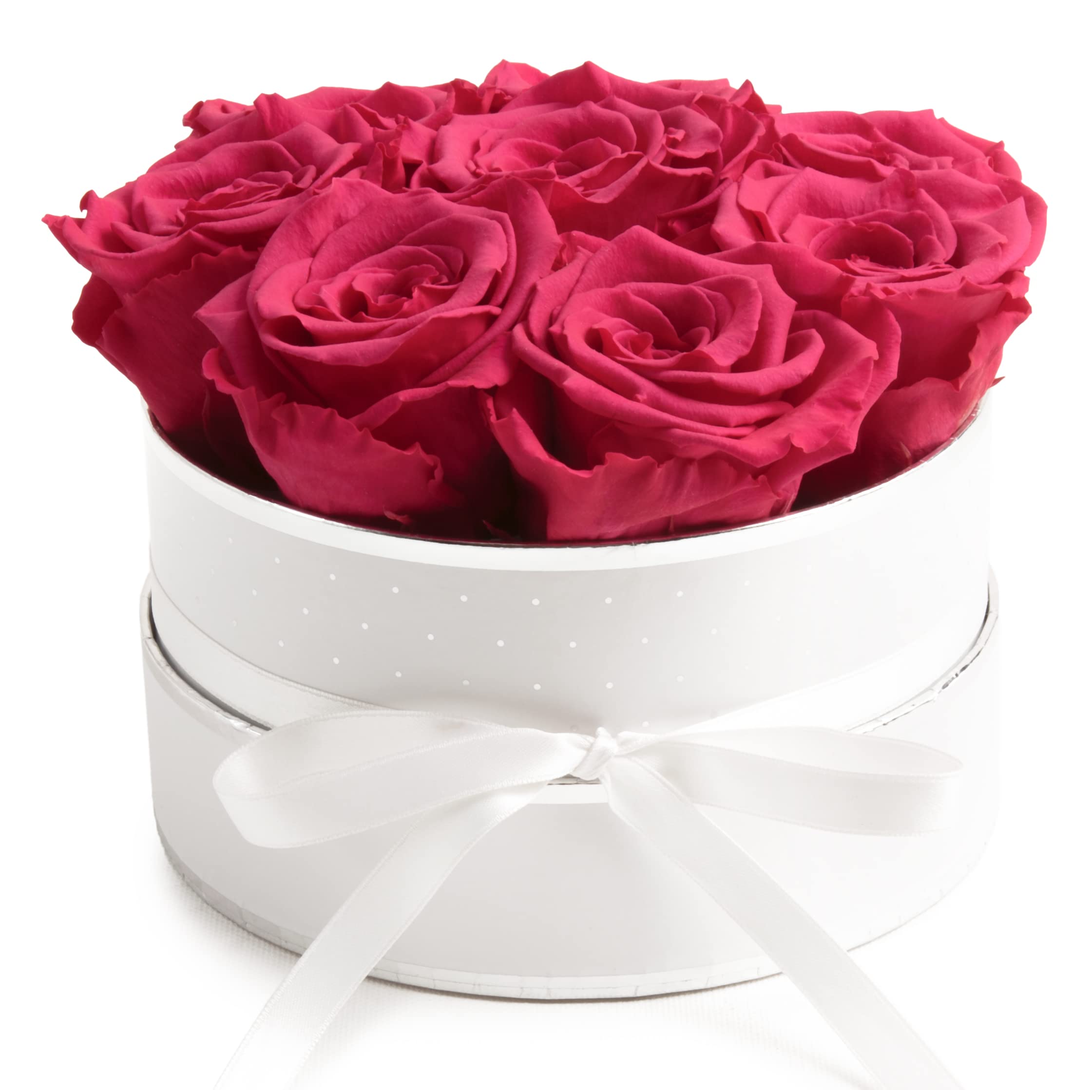 Rosenbox rosa rund Infinity Rosen - Flowerbox 8 echte Rosen haltbar 3 Jahre Durchmesser 15 cm - Geschenk für Frauen (Weiß-Pink)