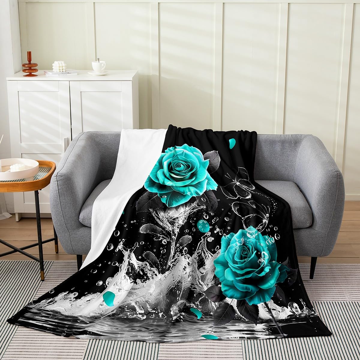 Feelyou Teal Rose Flannel Fleece Throw Blanket Queen 90"x90" Romantic Floral Blossom for Adult Black Teal Plush Blanket Reflection on Water