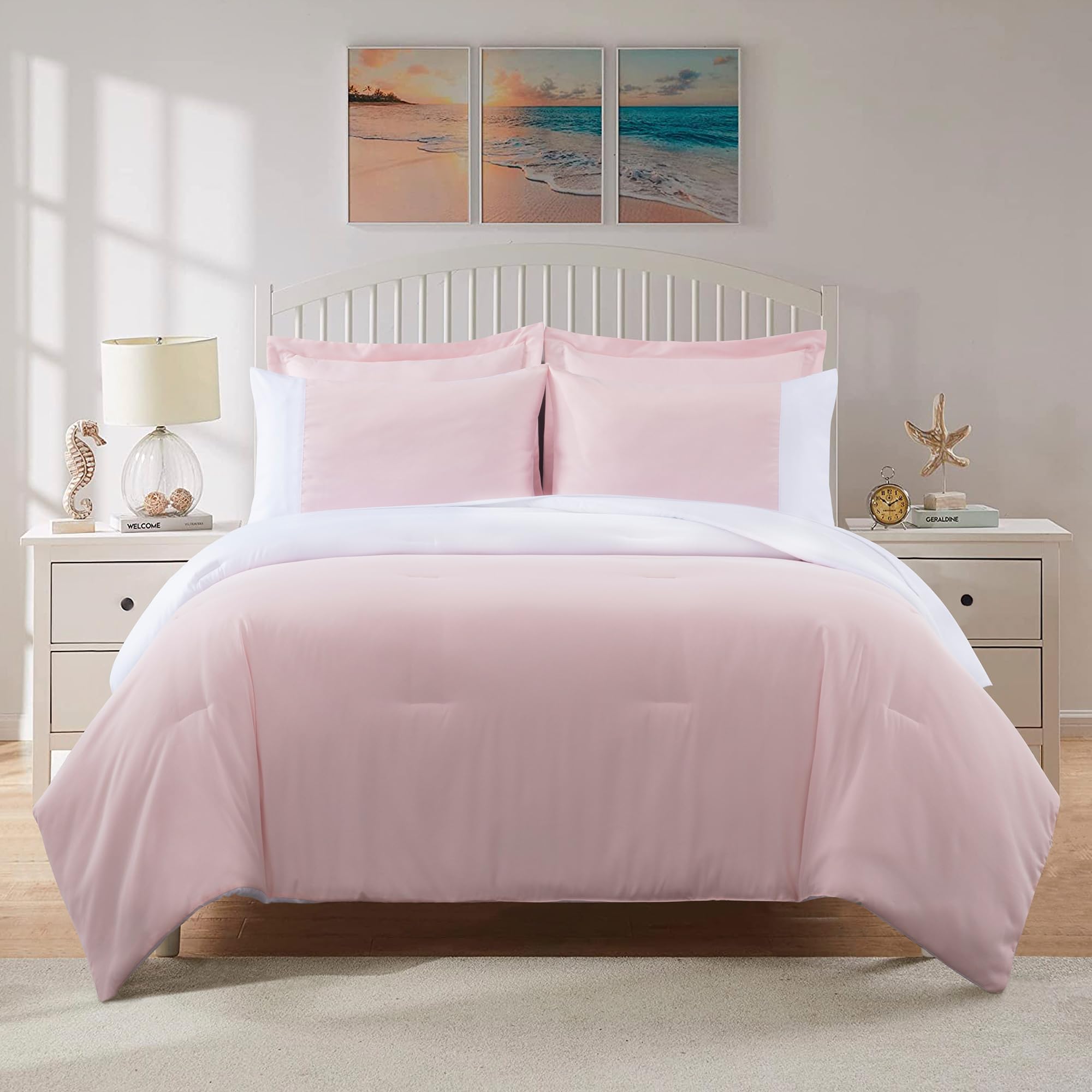Kingsley trend7-Piece King Comforter Set - King Sized Bed-in-a-Bag, Reversible Pink/White King Bedding Sets with Comforter, Flat & Fitted Sheets, Pillow Shams & Cases, All Season, Machine Washable