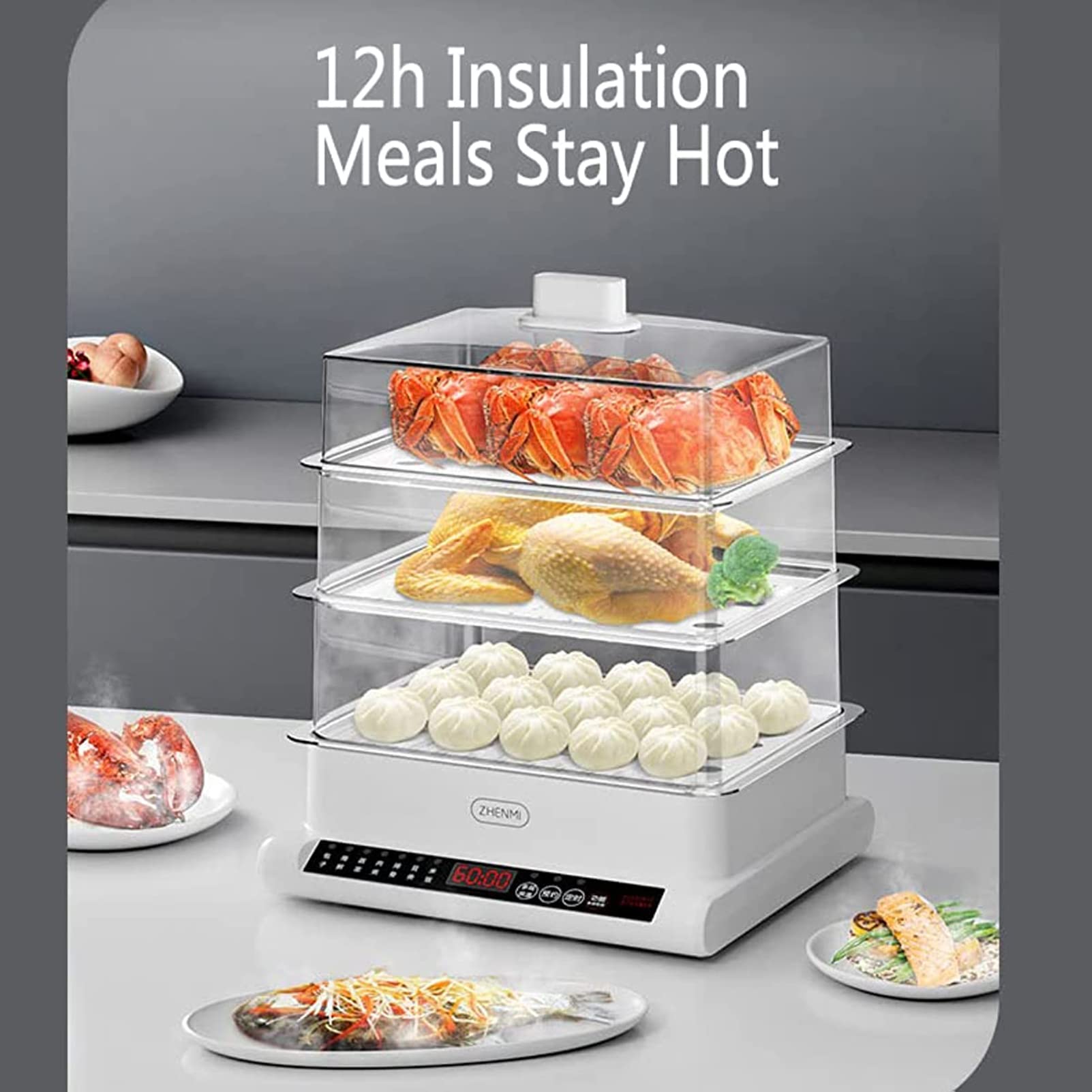 Vaporiera a 3 Livelli, Multi-fornello da 20 Litri, Cottura Rapida Simultanea in 60 Minuti, 7 modalità di Cottura Preimpostate, Cestelli Impilabili per Verdure O Carne, 800 W